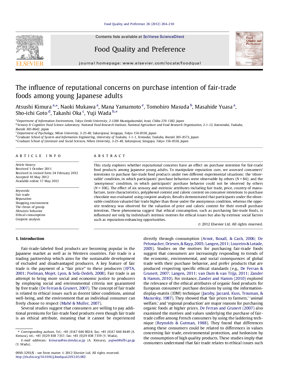 The influence of reputational concerns on purchase intention of fair-trade foods among young Japanese adults