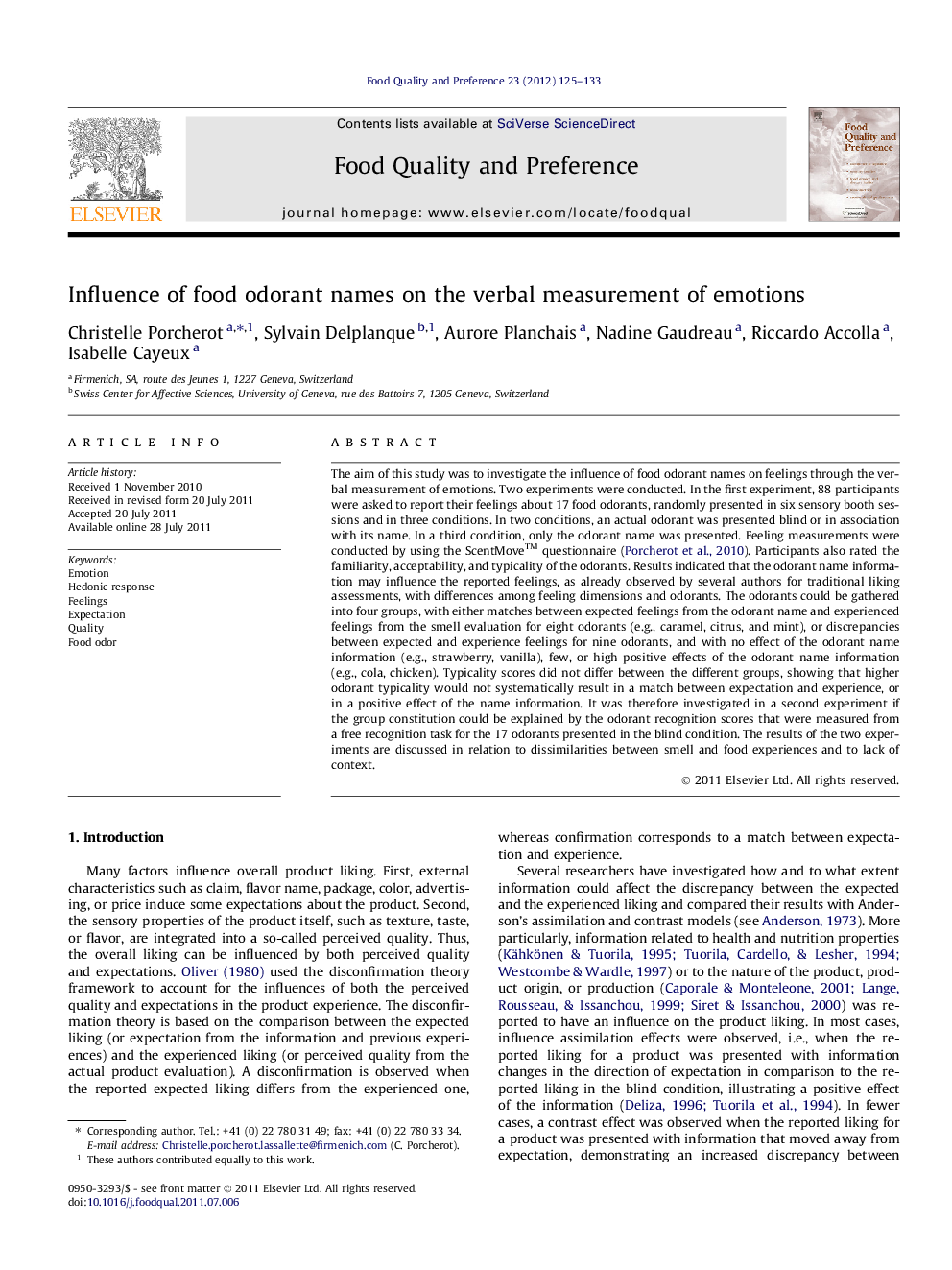 Influence of food odorant names on the verbal measurement of emotions