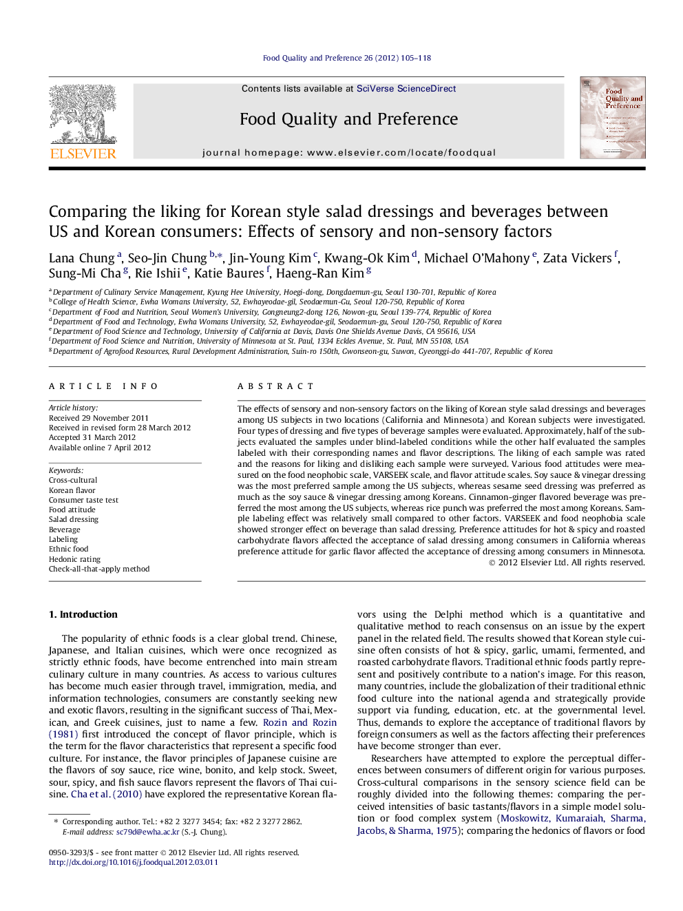 Comparing the liking for Korean style salad dressings and beverages between US and Korean consumers: Effects of sensory and non-sensory factors