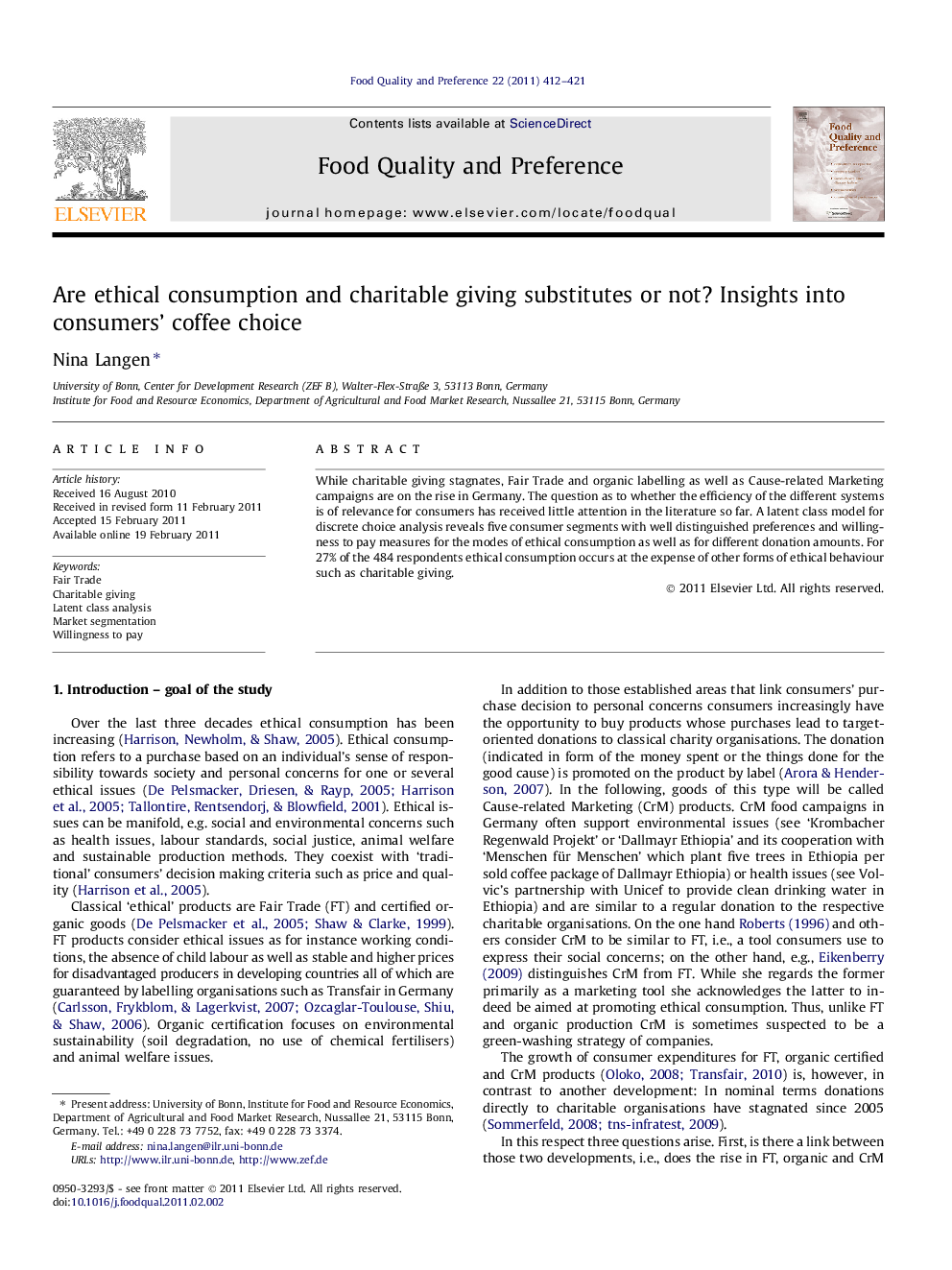 Are ethical consumption and charitable giving substitutes or not? Insights into consumers’ coffee choice