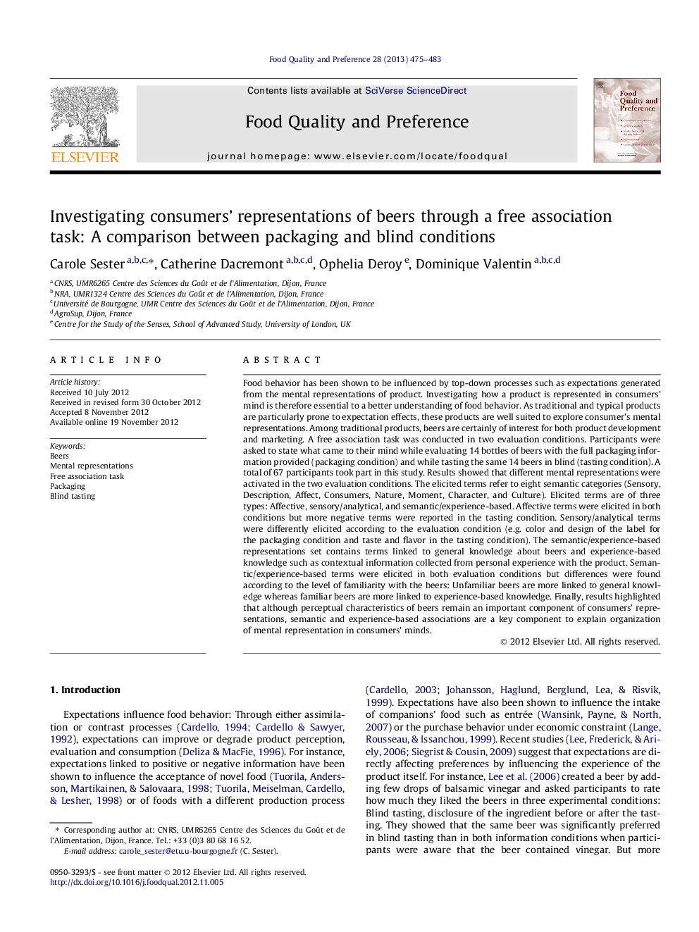 Investigating consumers’ representations of beers through a free association task: A comparison between packaging and blind conditions