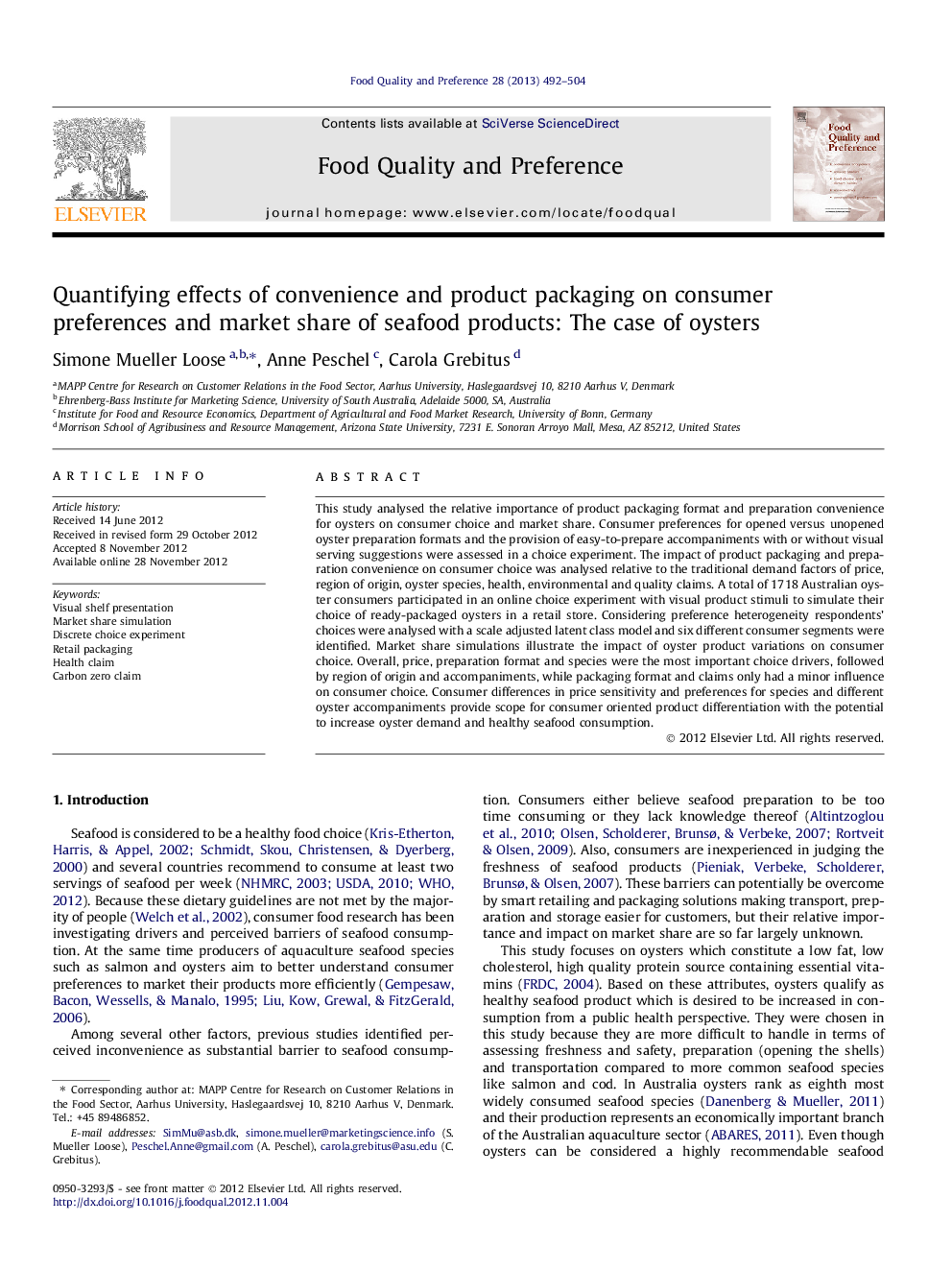 Quantifying effects of convenience and product packaging on consumer preferences and market share of seafood products: The case of oysters