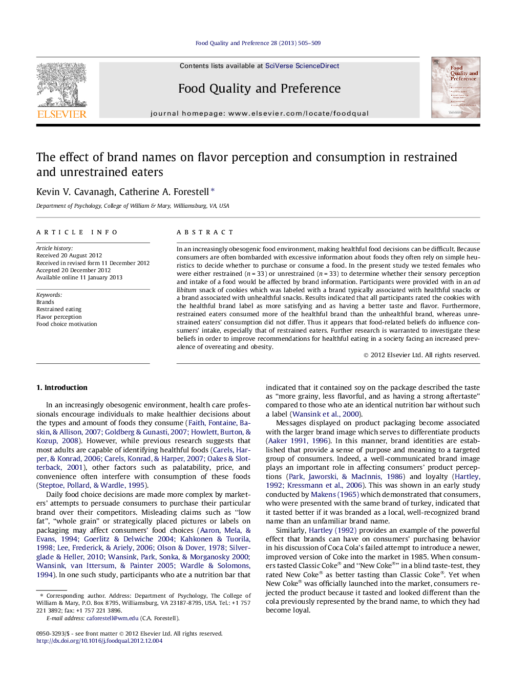 The effect of brand names on flavor perception and consumption in restrained and unrestrained eaters