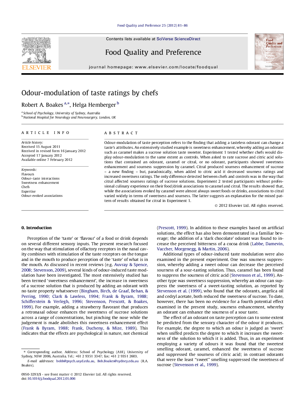 Odour-modulation of taste ratings by chefs