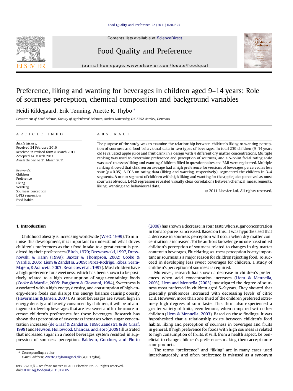 Preference, liking and wanting for beverages in children aged 9–14 years: Role of sourness perception, chemical composition and background variables