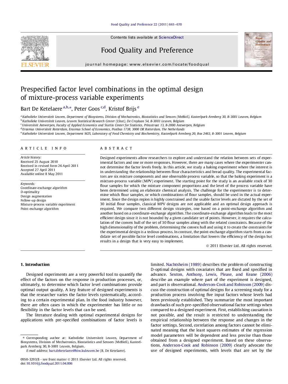 عکس صفحه اول مقاله: Prespecified factor level combinations in the optimal design of mixture-process variable experiments Prespecified factor level combinations in the optimal design of mixture-process variable experiments