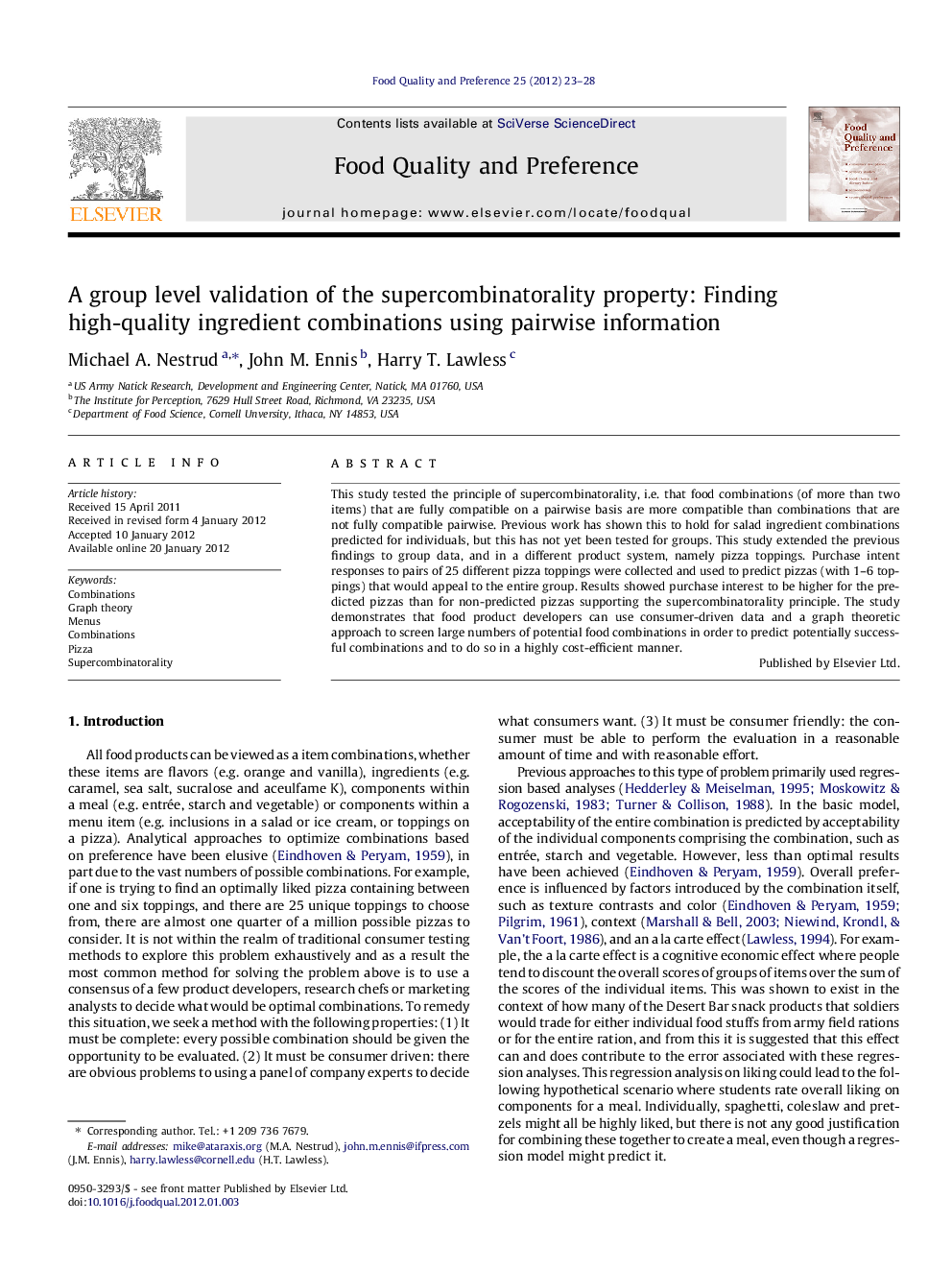 A group level validation of the supercombinatorality property: Finding high-quality ingredient combinations using pairwise information