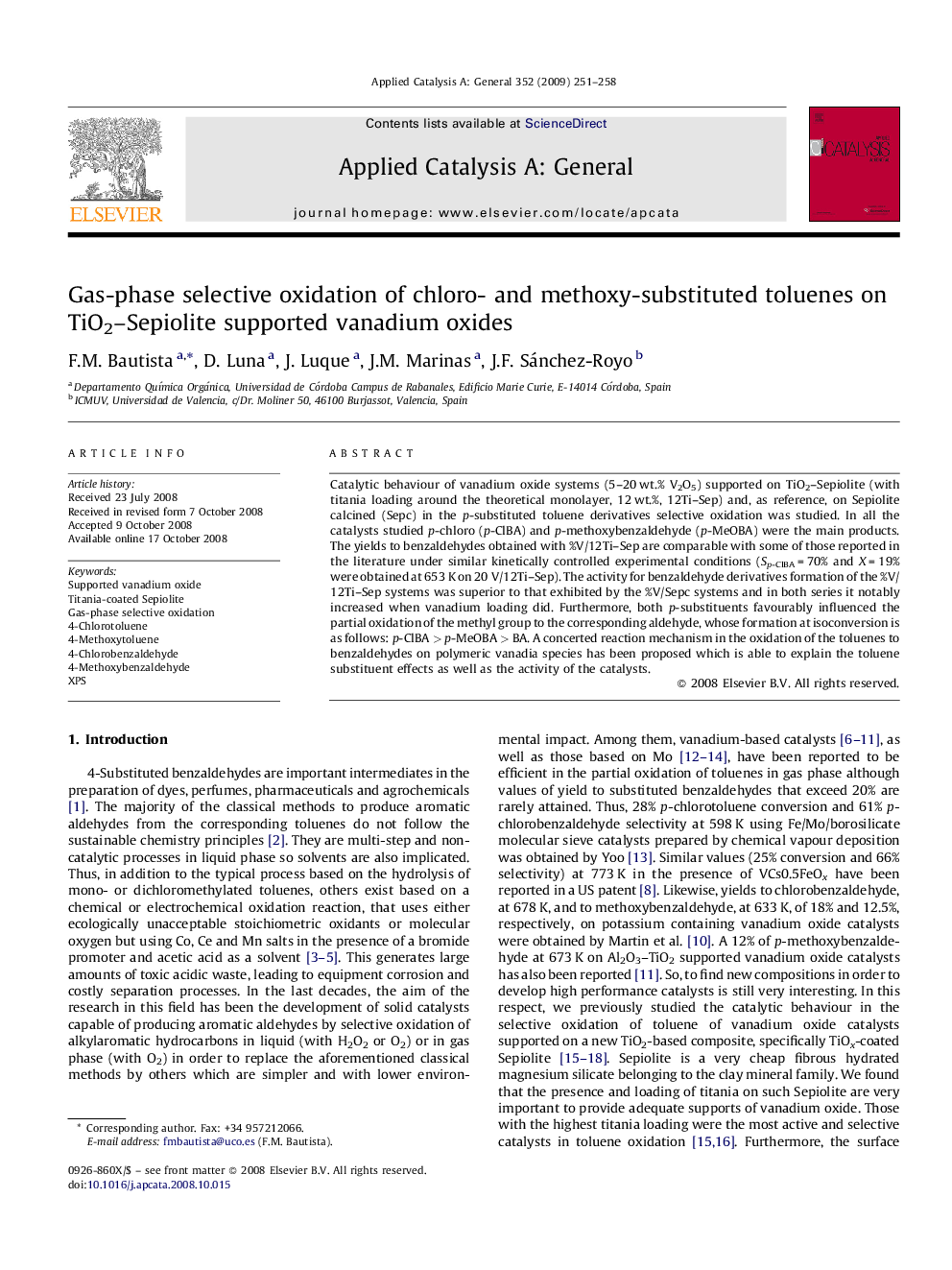 Gas-phase selective oxidation of chloro- and methoxy-substituted toluenes on TiO2–Sepiolite supported vanadium oxides