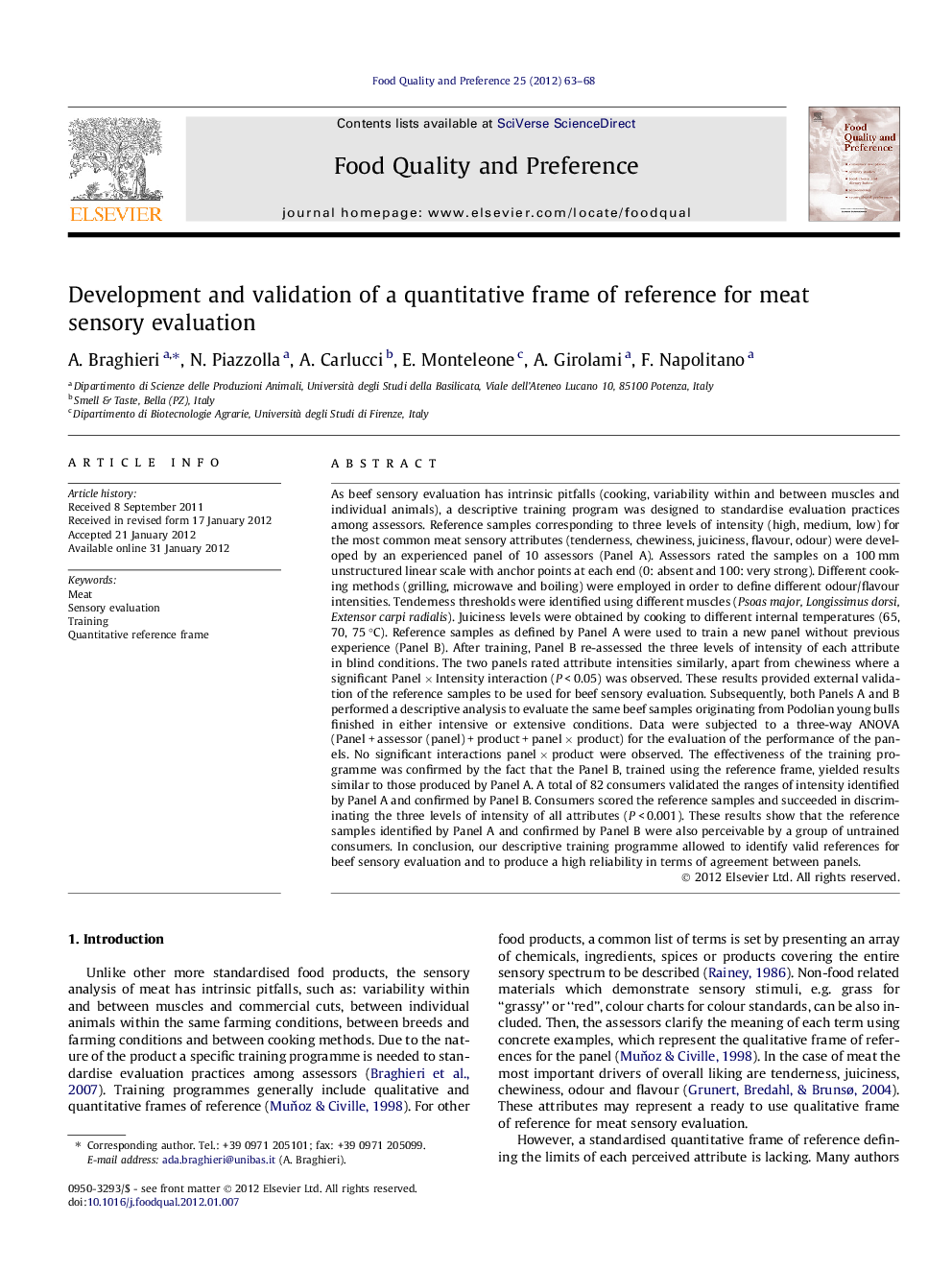 Development and validation of a quantitative frame of reference for meat sensory evaluation