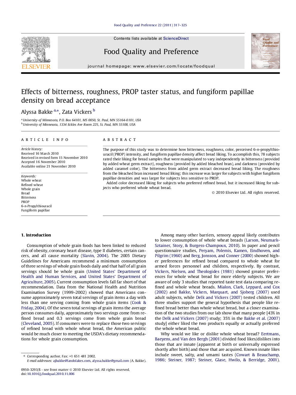 Effects of bitterness, roughness, PROP taster status, and fungiform papillae density on bread acceptance