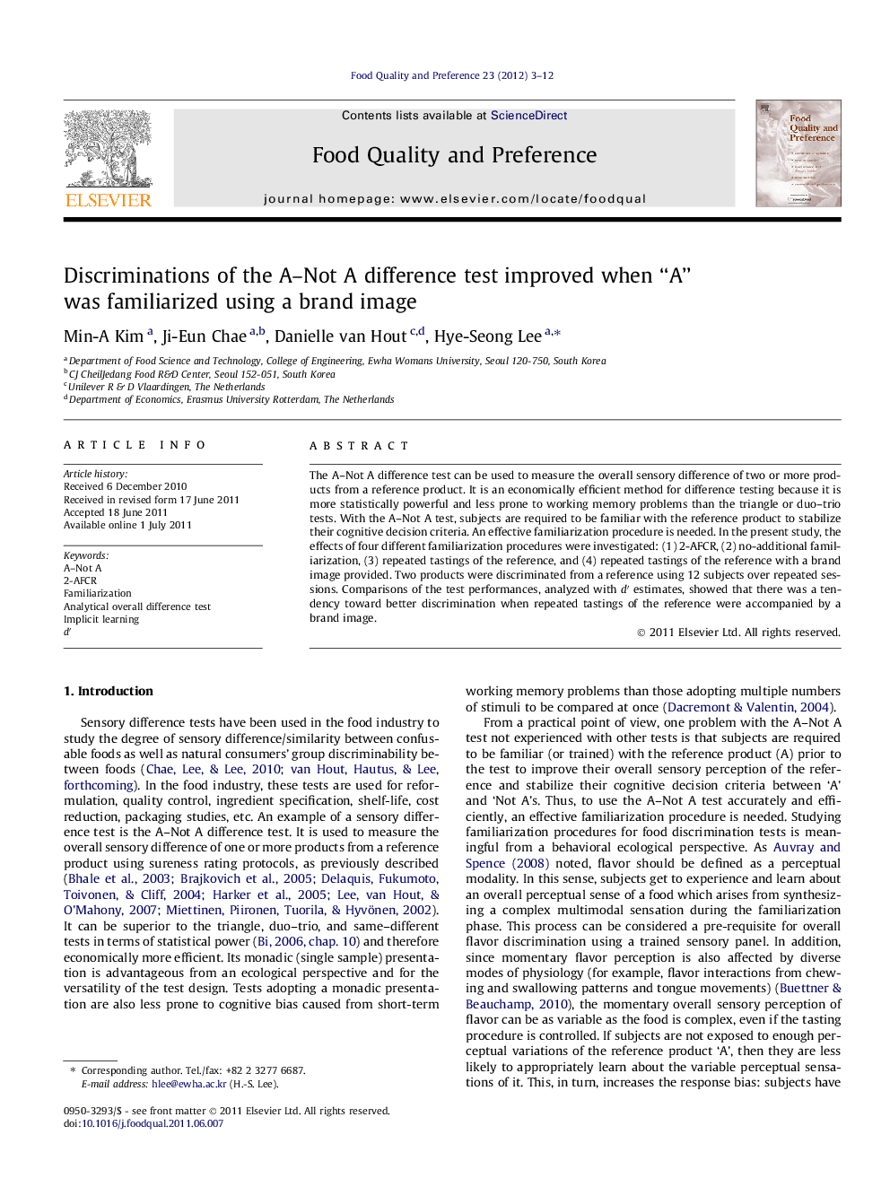 Discriminations of the A–Not A difference test improved when “A” was familiarized using a brand image