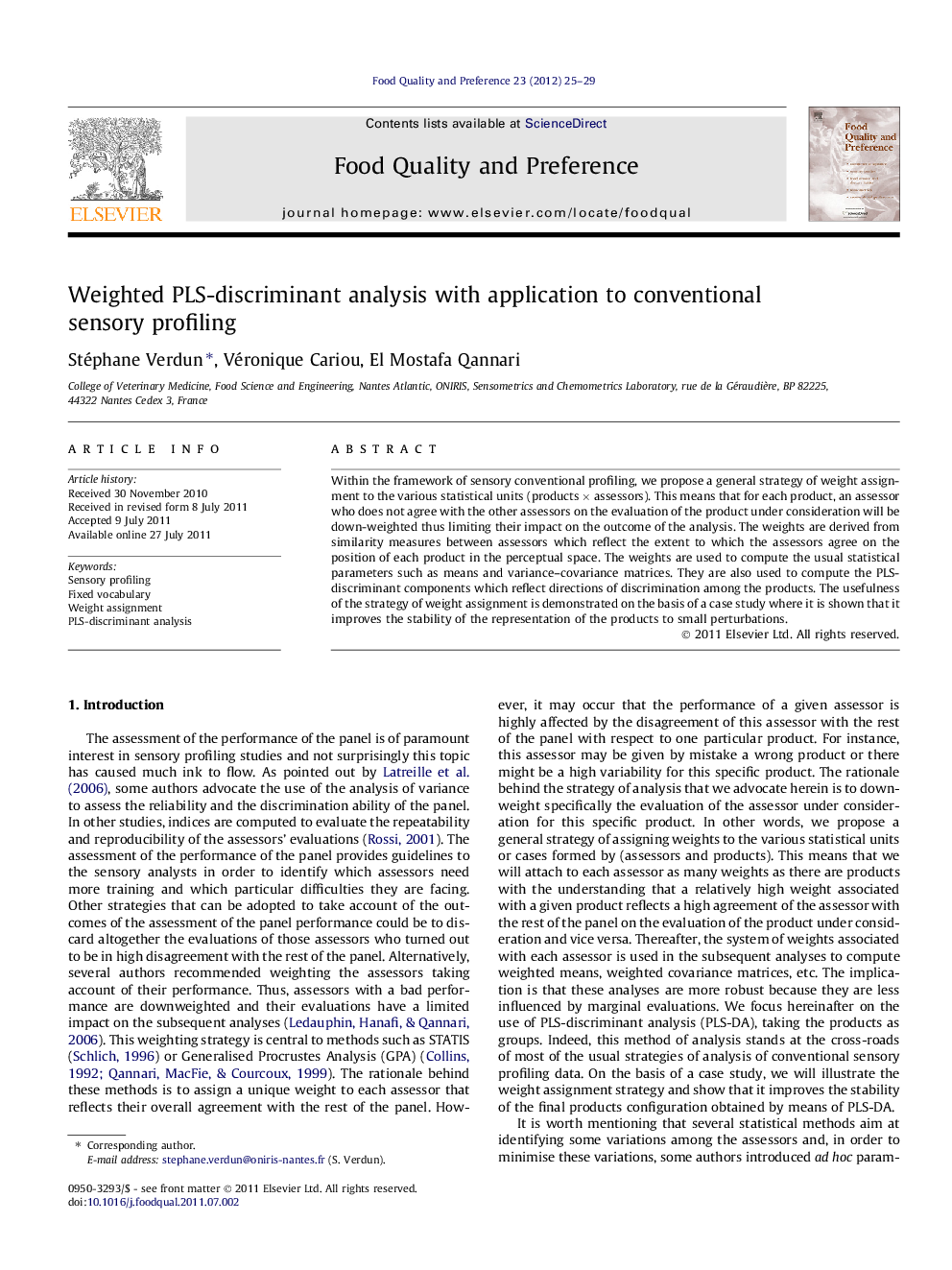 Weighted PLS-discriminant analysis with application to conventional sensory profiling