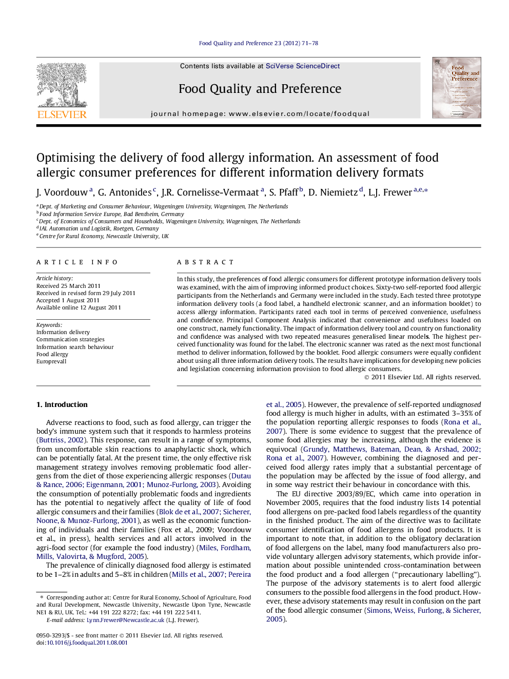 Optimising the delivery of food allergy information. An assessment of food allergic consumer preferences for different information delivery formats