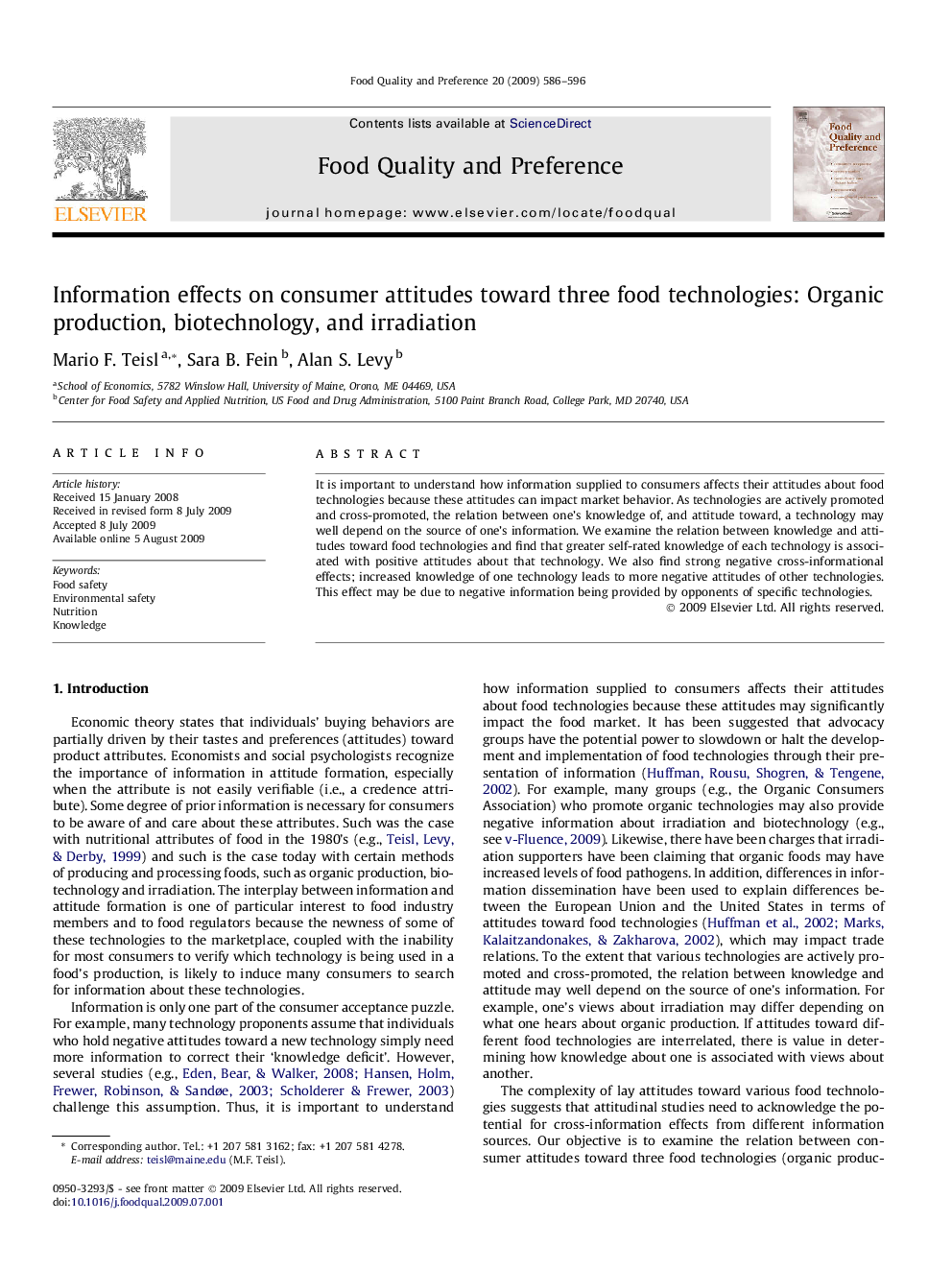 Information effects on consumer attitudes toward three food technologies: Organic production, biotechnology, and irradiation