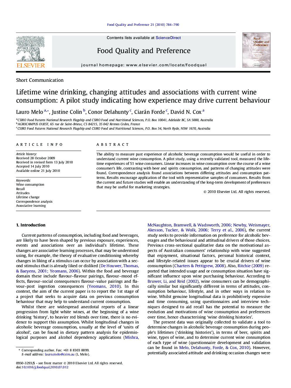 Lifetime wine drinking, changing attitudes and associations with current wine consumption: A pilot study indicating how experience may drive current behaviour