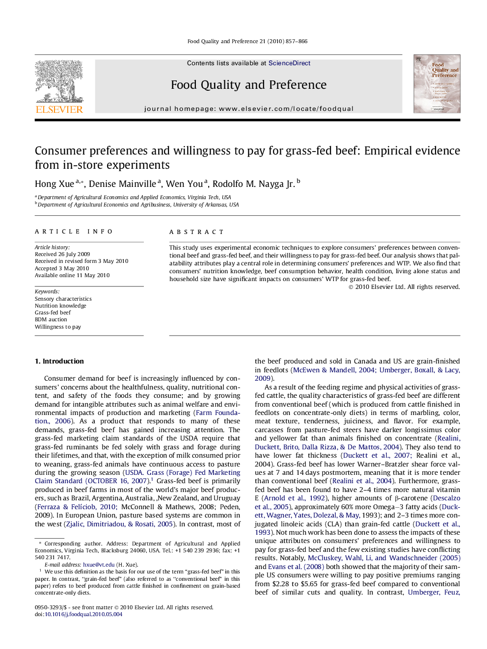 Consumer preferences and willingness to pay for grass-fed beef: Empirical evidence from in-store experiments