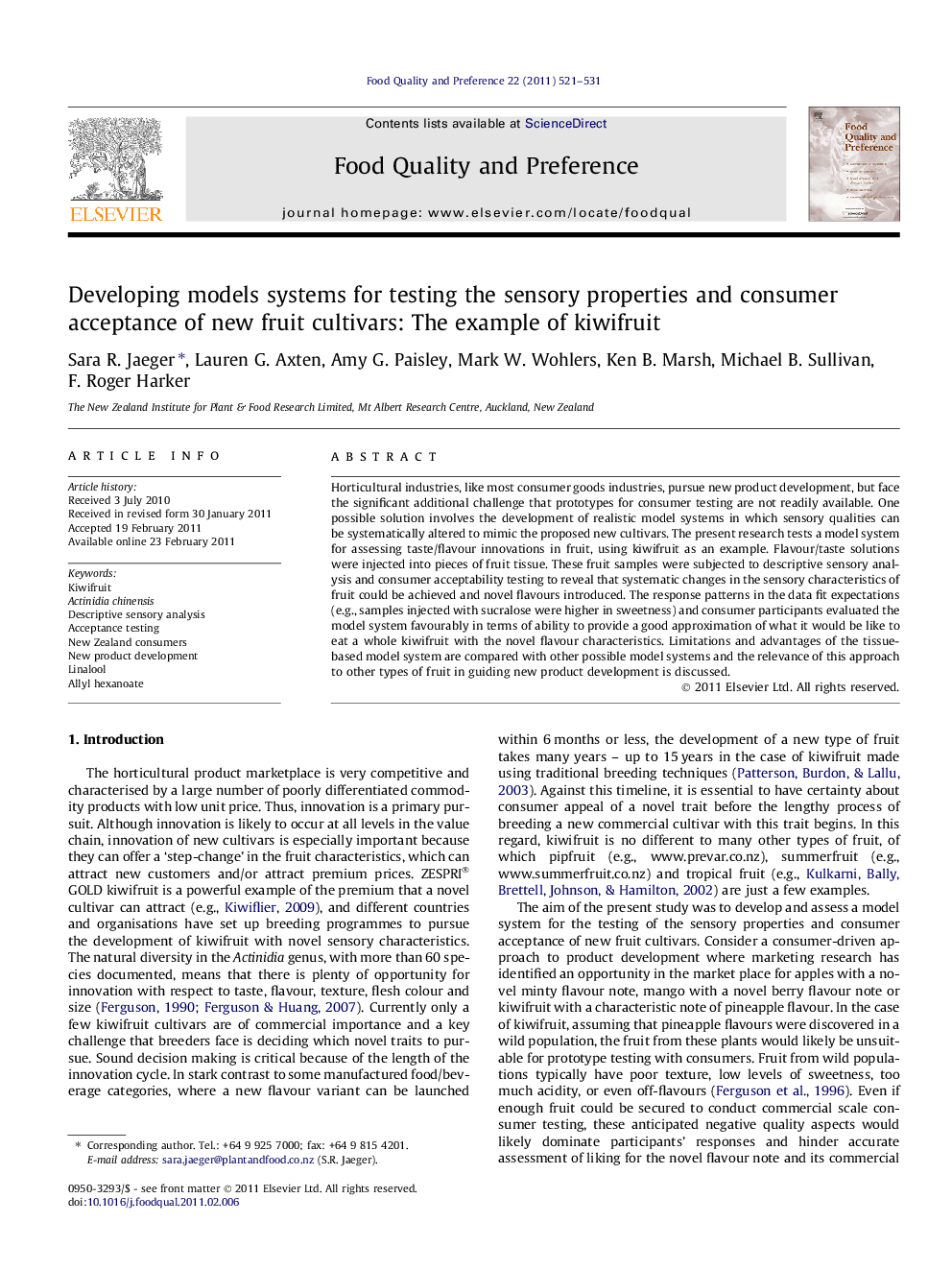 Developing models systems for testing the sensory properties and consumer acceptance of new fruit cultivars: The example of kiwifruit