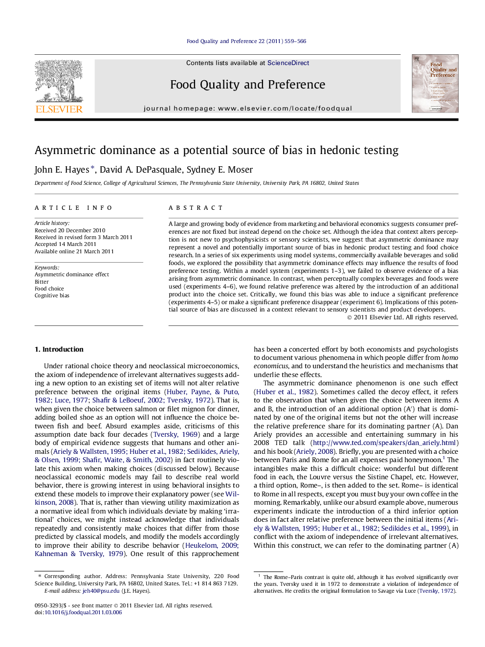 Asymmetric dominance as a potential source of bias in hedonic testing