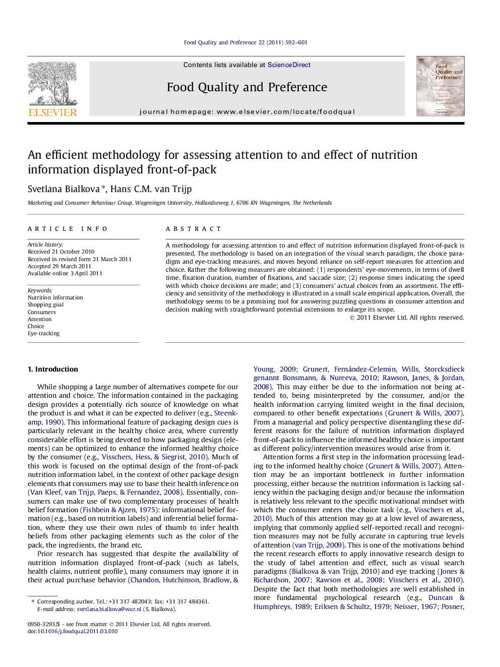 An efficient methodology for assessing attention to and effect of nutrition information displayed front-of-pack