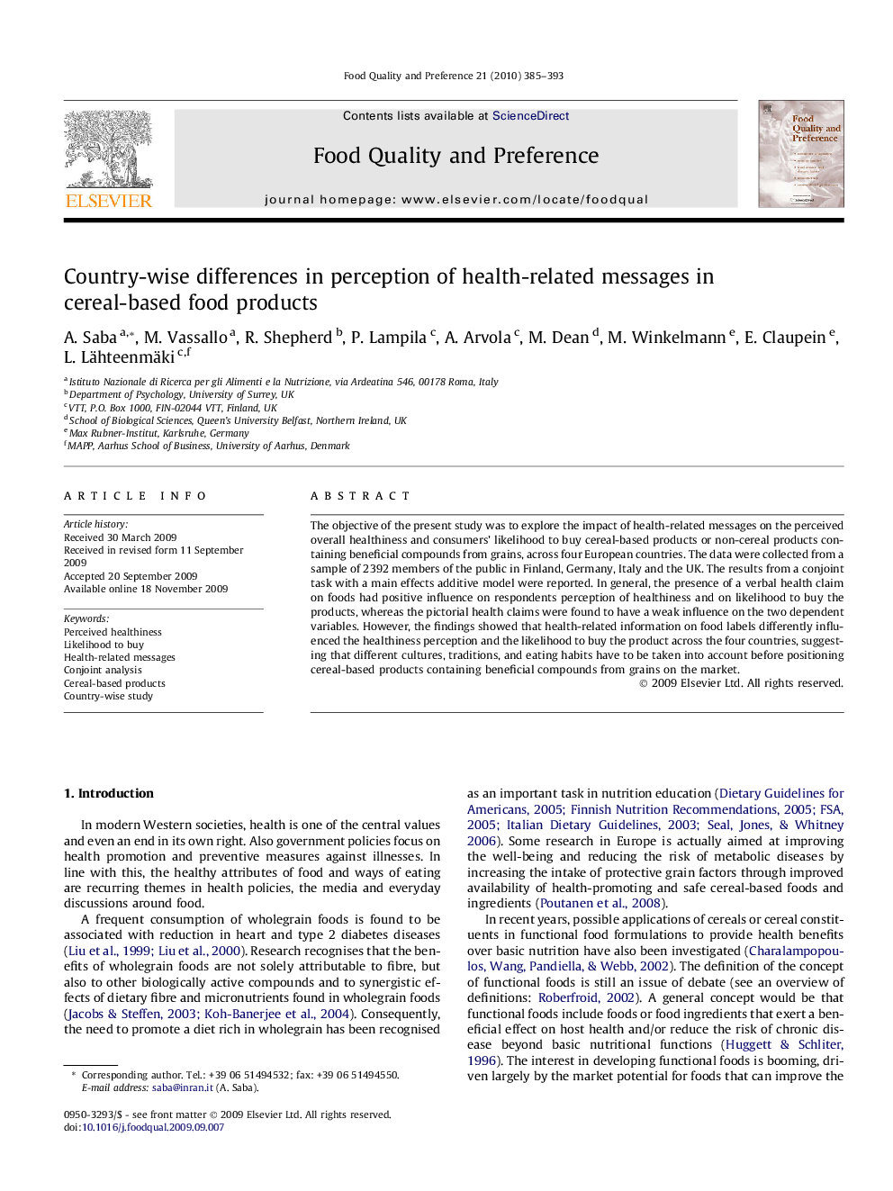 Country-wise differences in perception of health-related messages in cereal-based food products