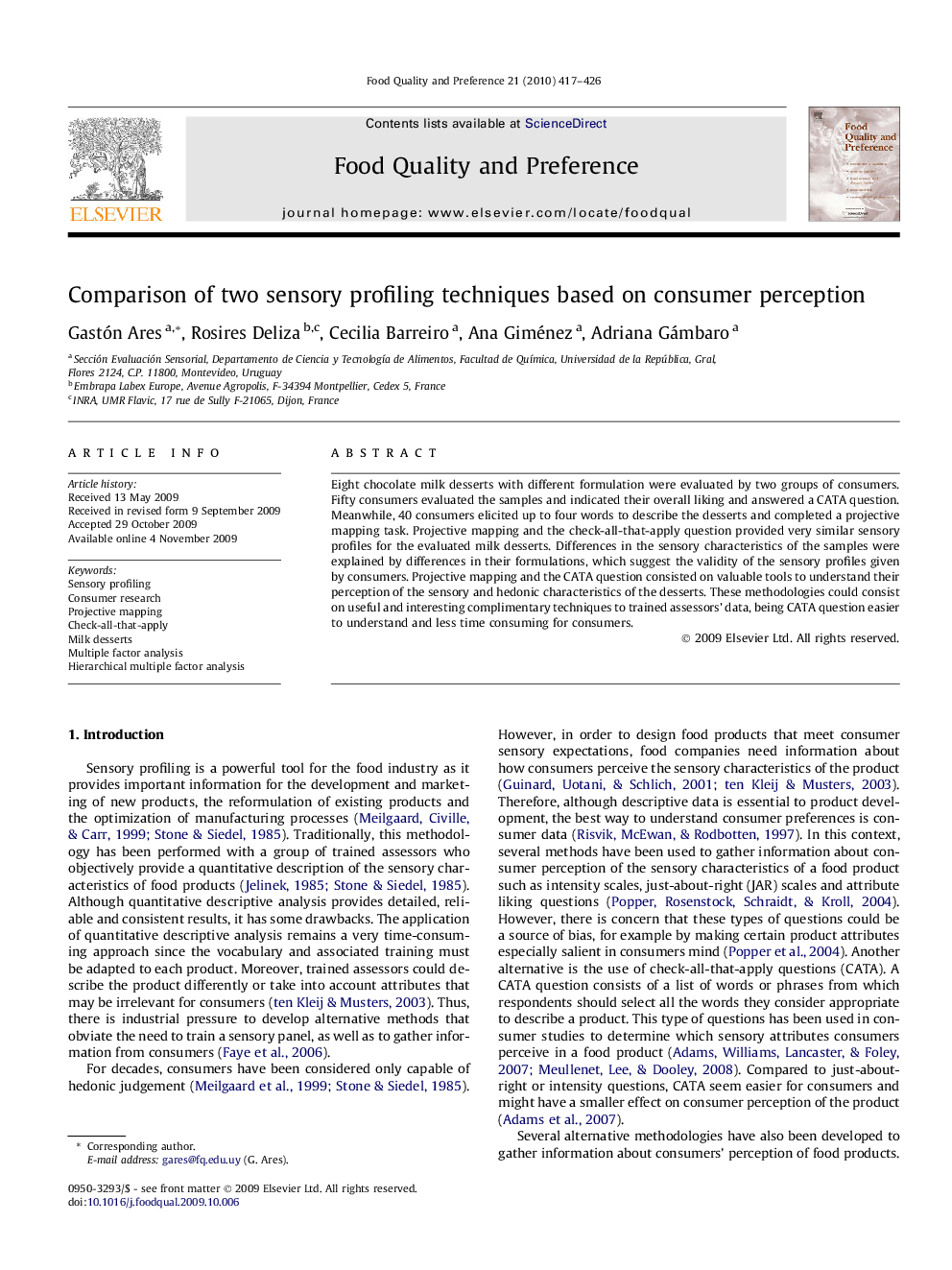 Comparison of two sensory profiling techniques based on consumer perception