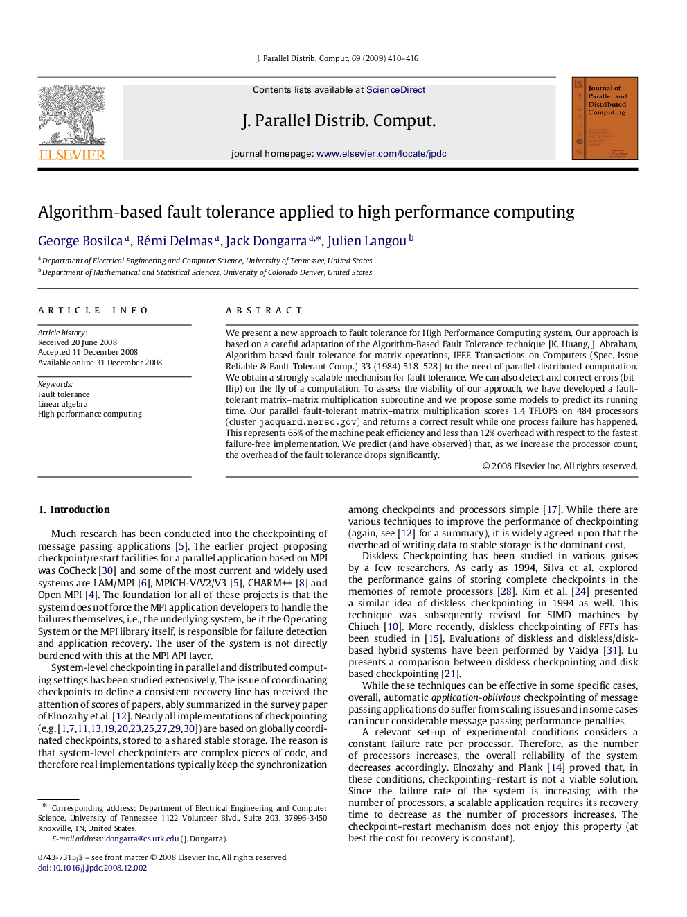 Algorithm-based fault tolerance applied to high performance computing