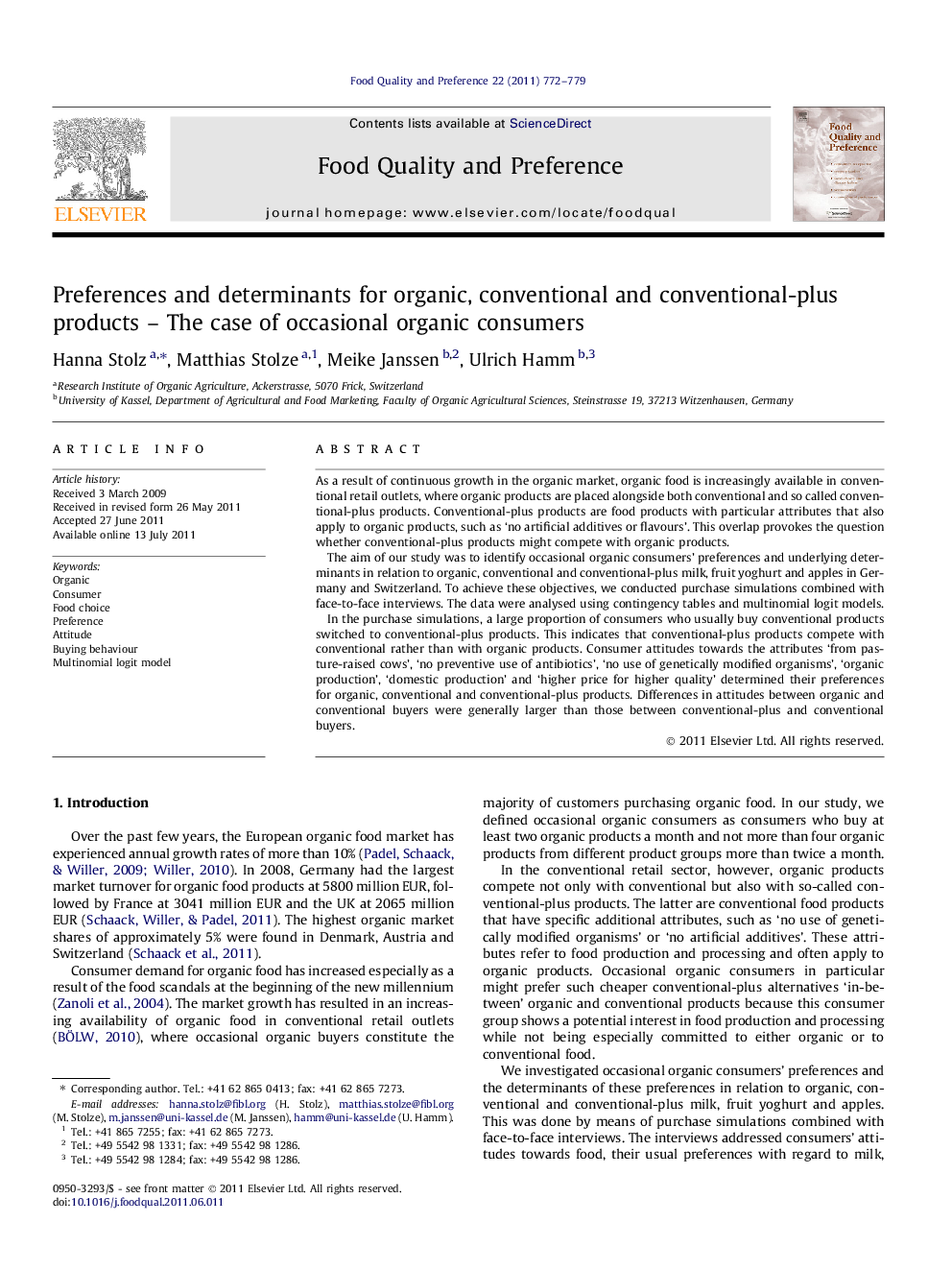 Preferences and determinants for organic, conventional and conventional-plus products – The case of occasional organic consumers