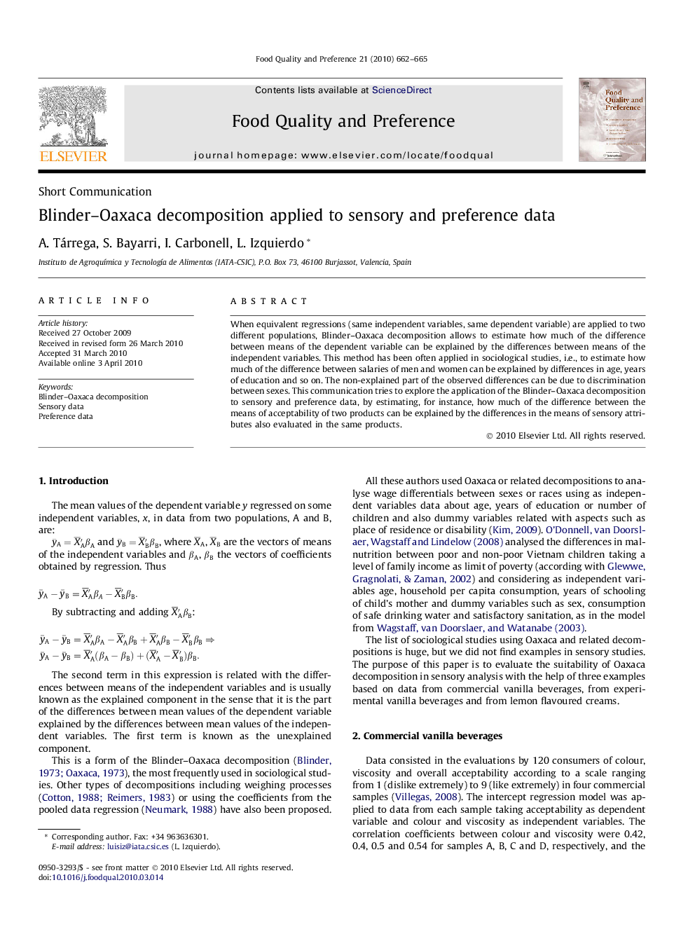 Blinder–Oaxaca decomposition applied to sensory and preference data