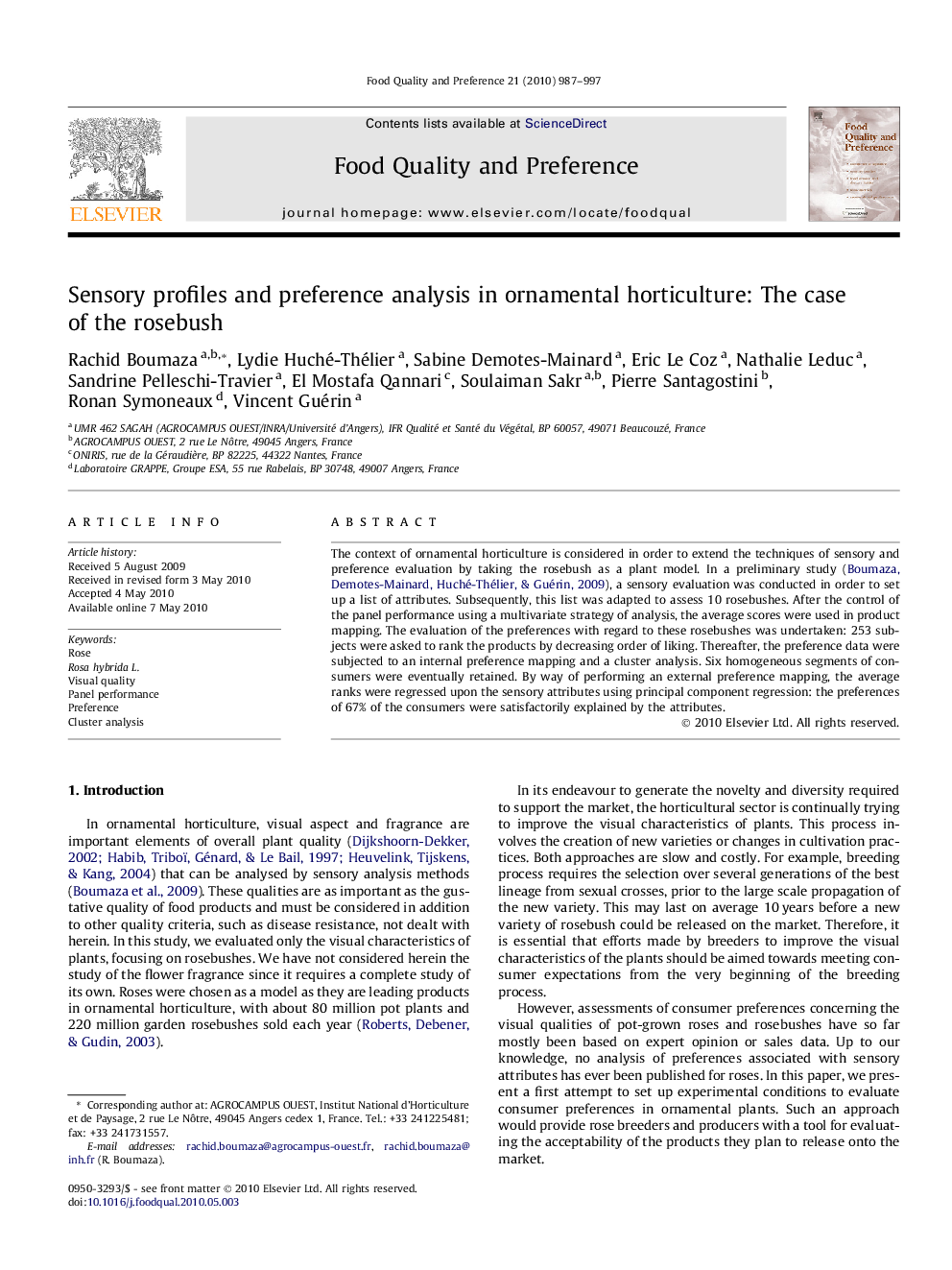 Sensory profiles and preference analysis in ornamental horticulture: The case of the rosebush