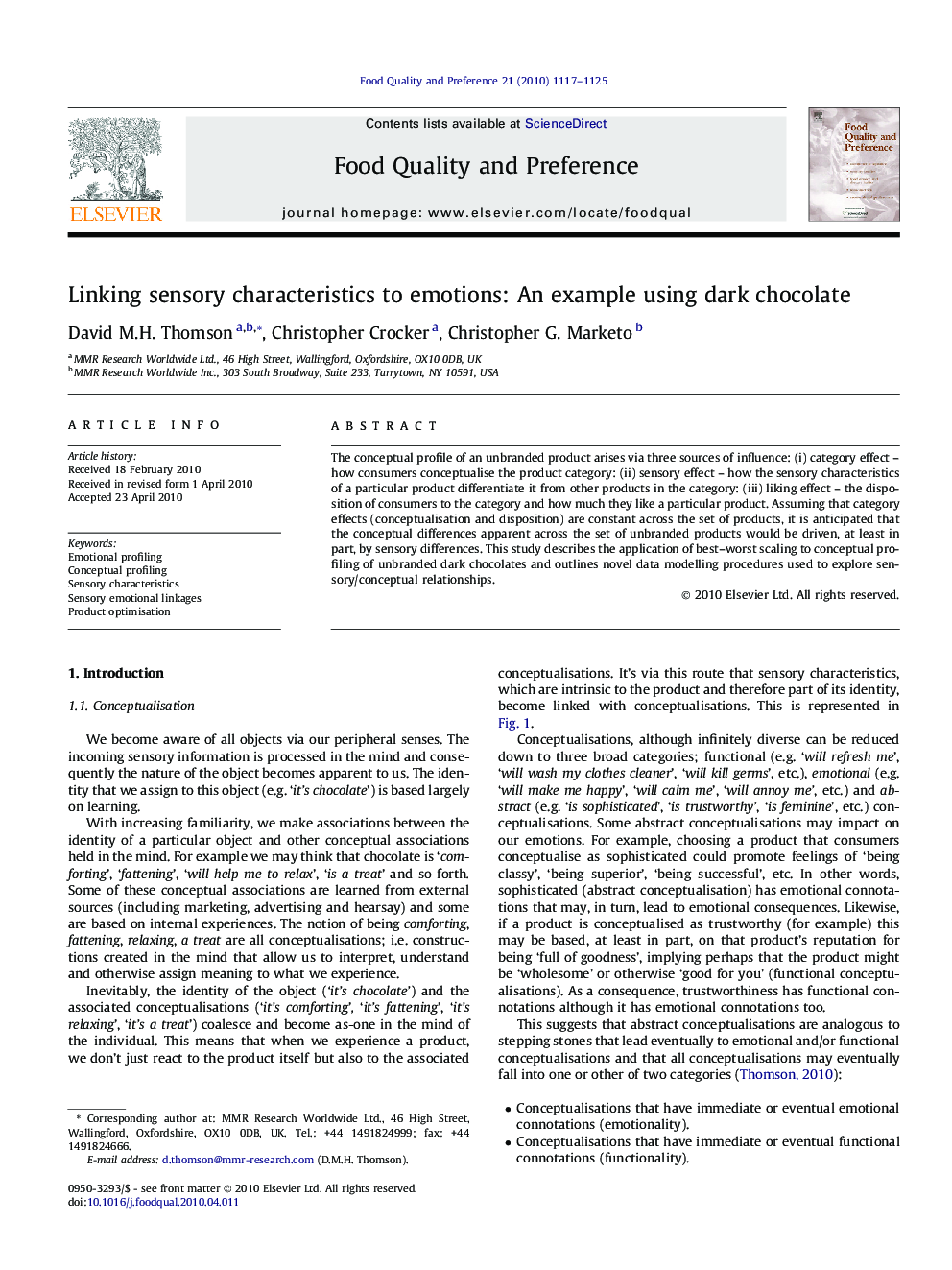 Linking sensory characteristics to emotions: An example using dark chocolate