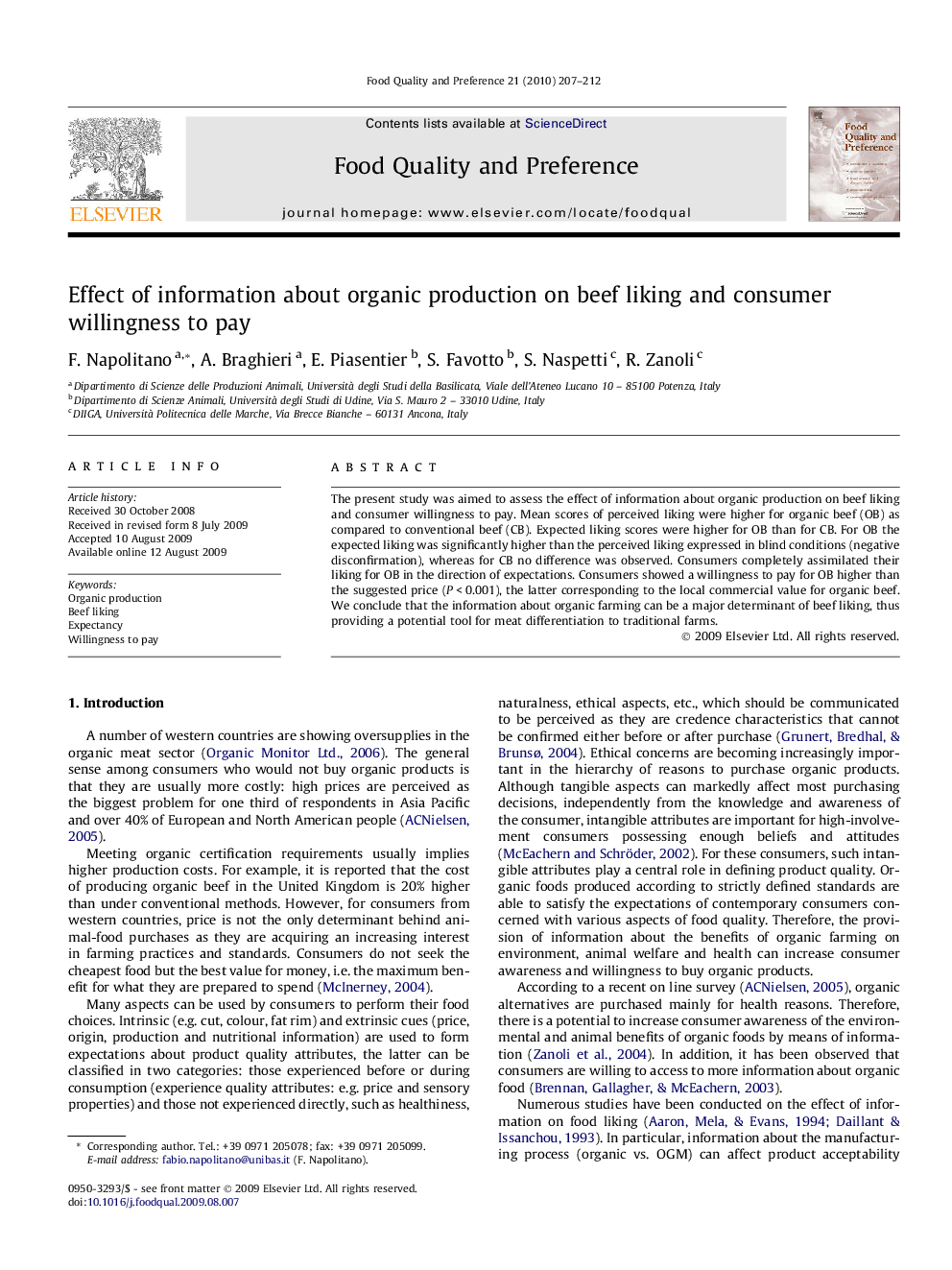 Effect of information about organic production on beef liking and consumer willingness to pay