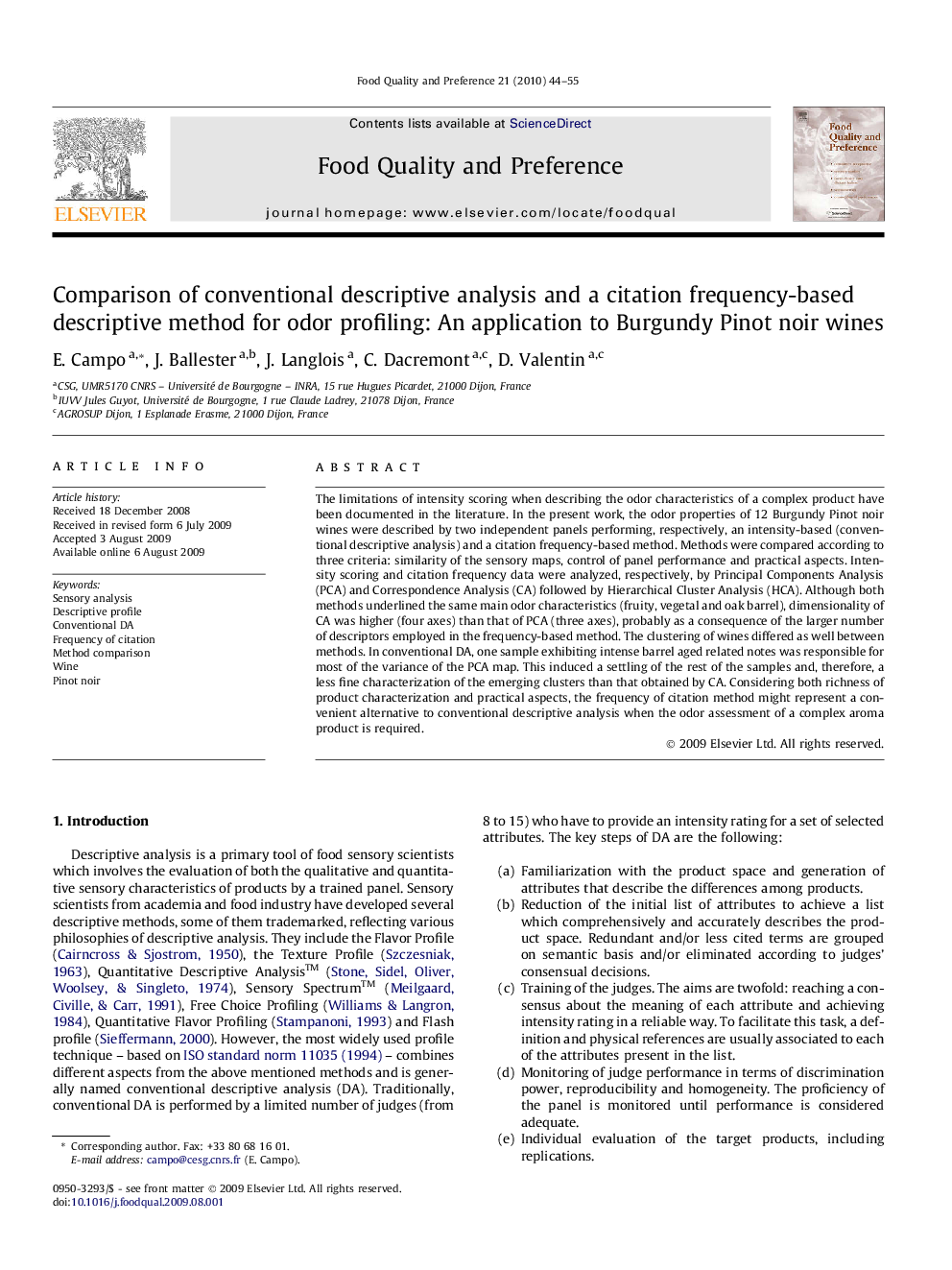 Comparison of conventional descriptive analysis and a citation frequency-based descriptive method for odor profiling: An application to Burgundy Pinot noir wines