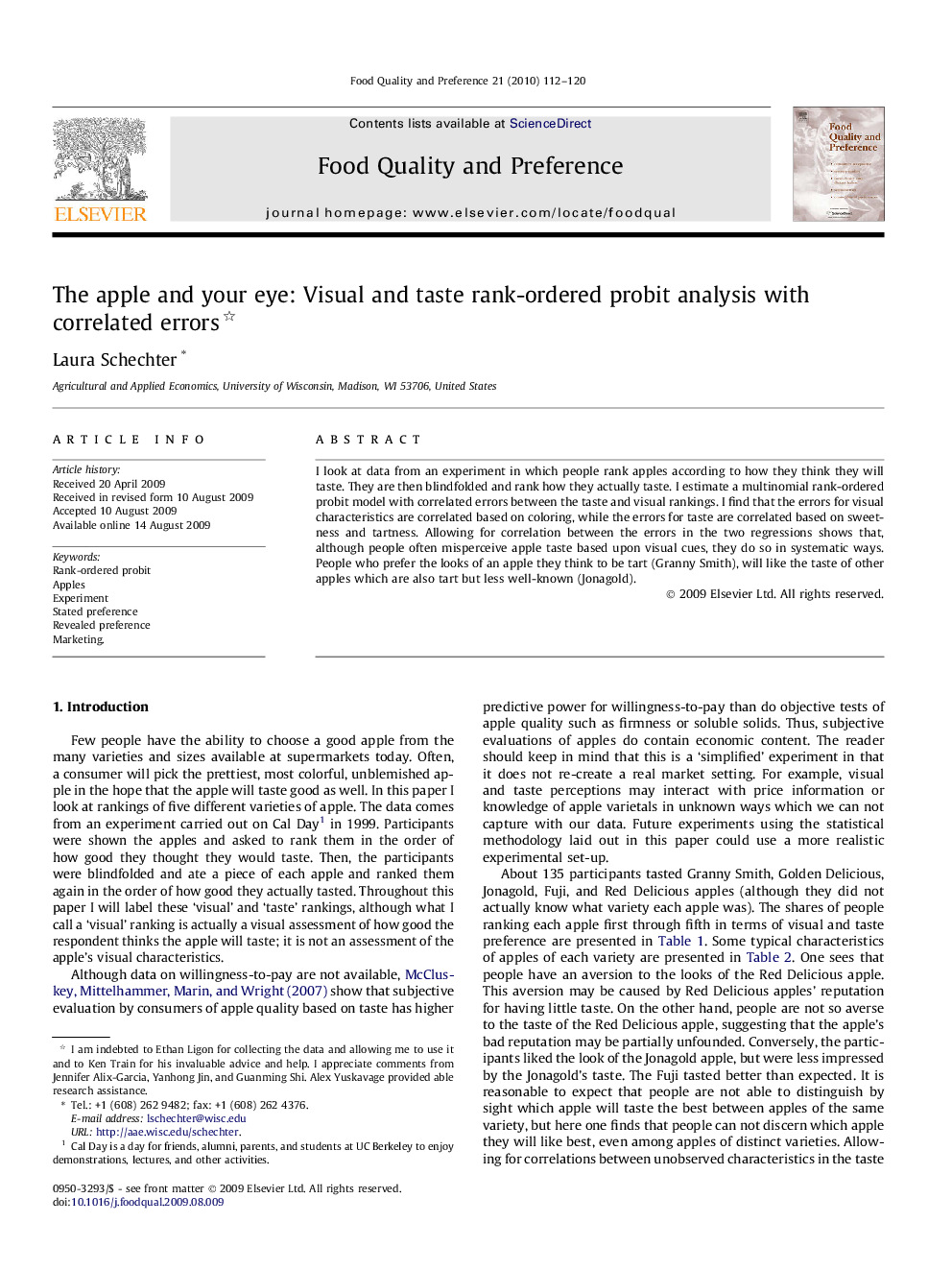 The apple and your eye: Visual and taste rank-ordered probit analysis with correlated errors 