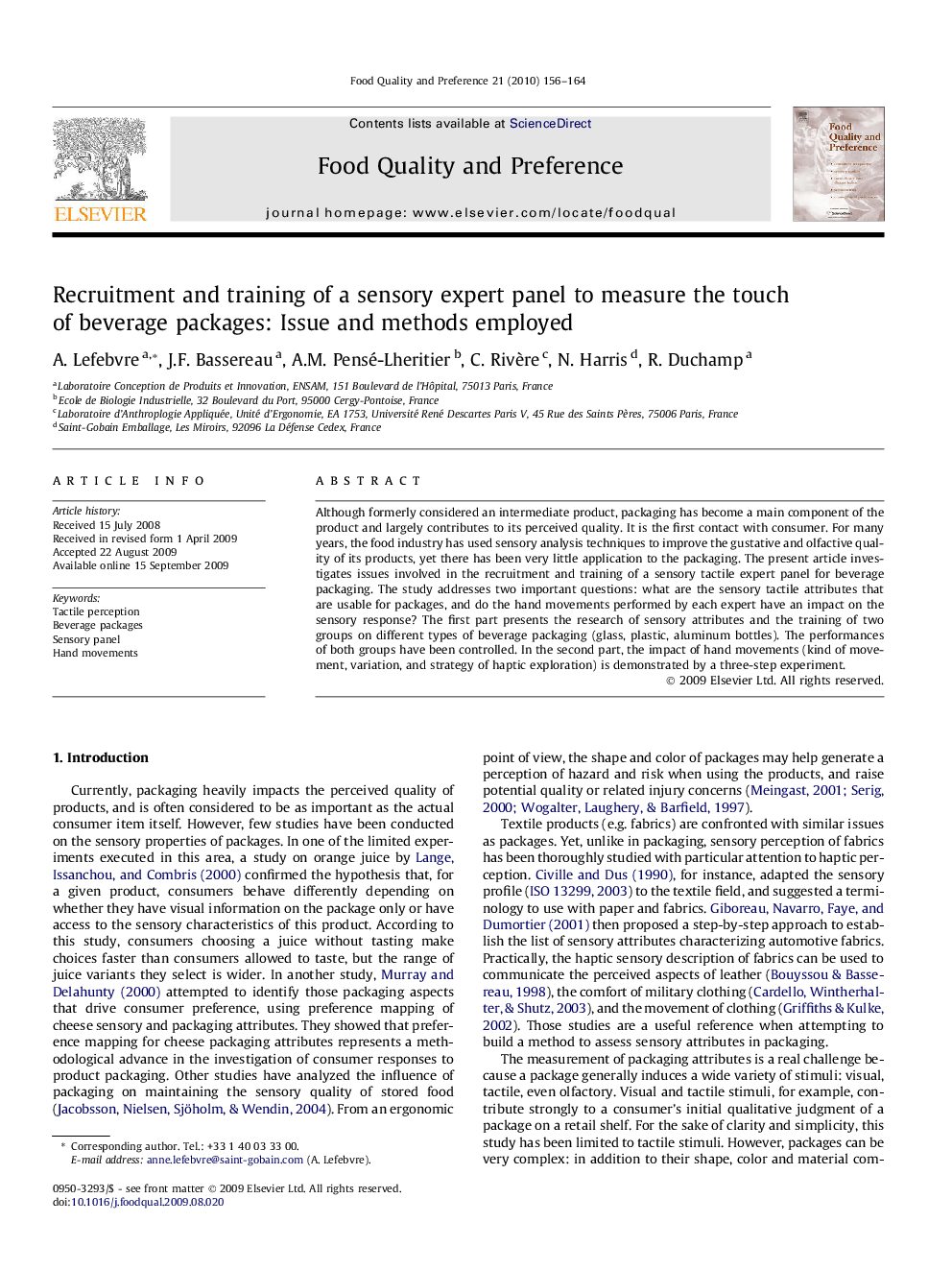 Recruitment and training of a sensory expert panel to measure the touch of beverage packages: Issue and methods employed