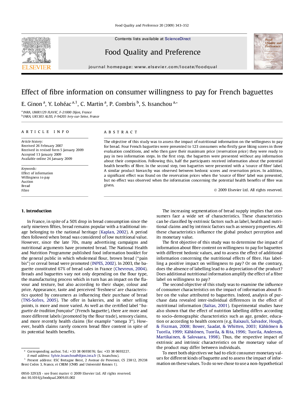 Effect of fibre information on consumer willingness to pay for French baguettes