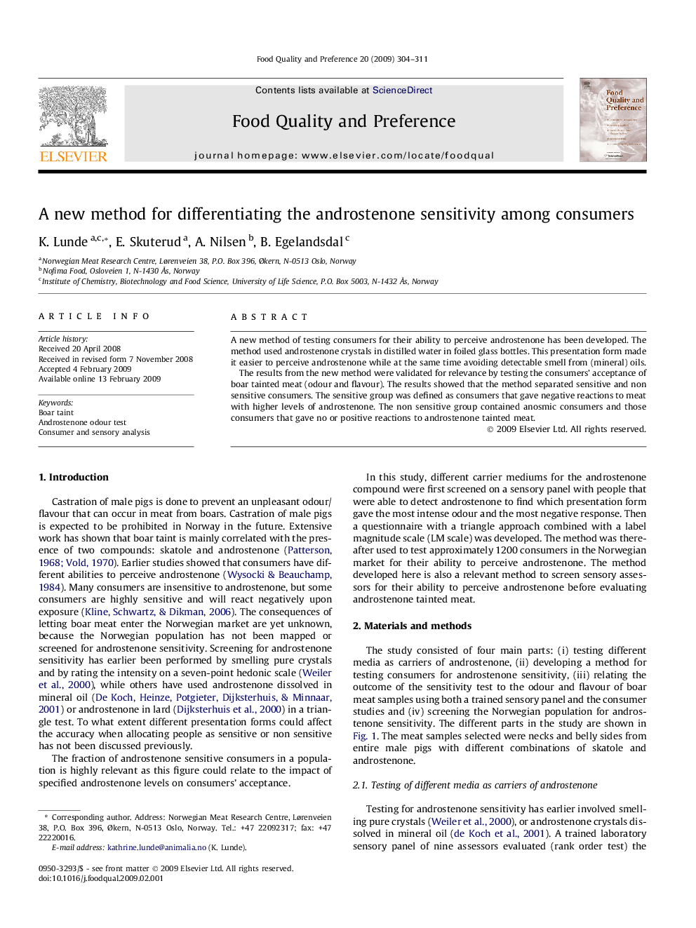 A new method for differentiating the androstenone sensitivity among consumers