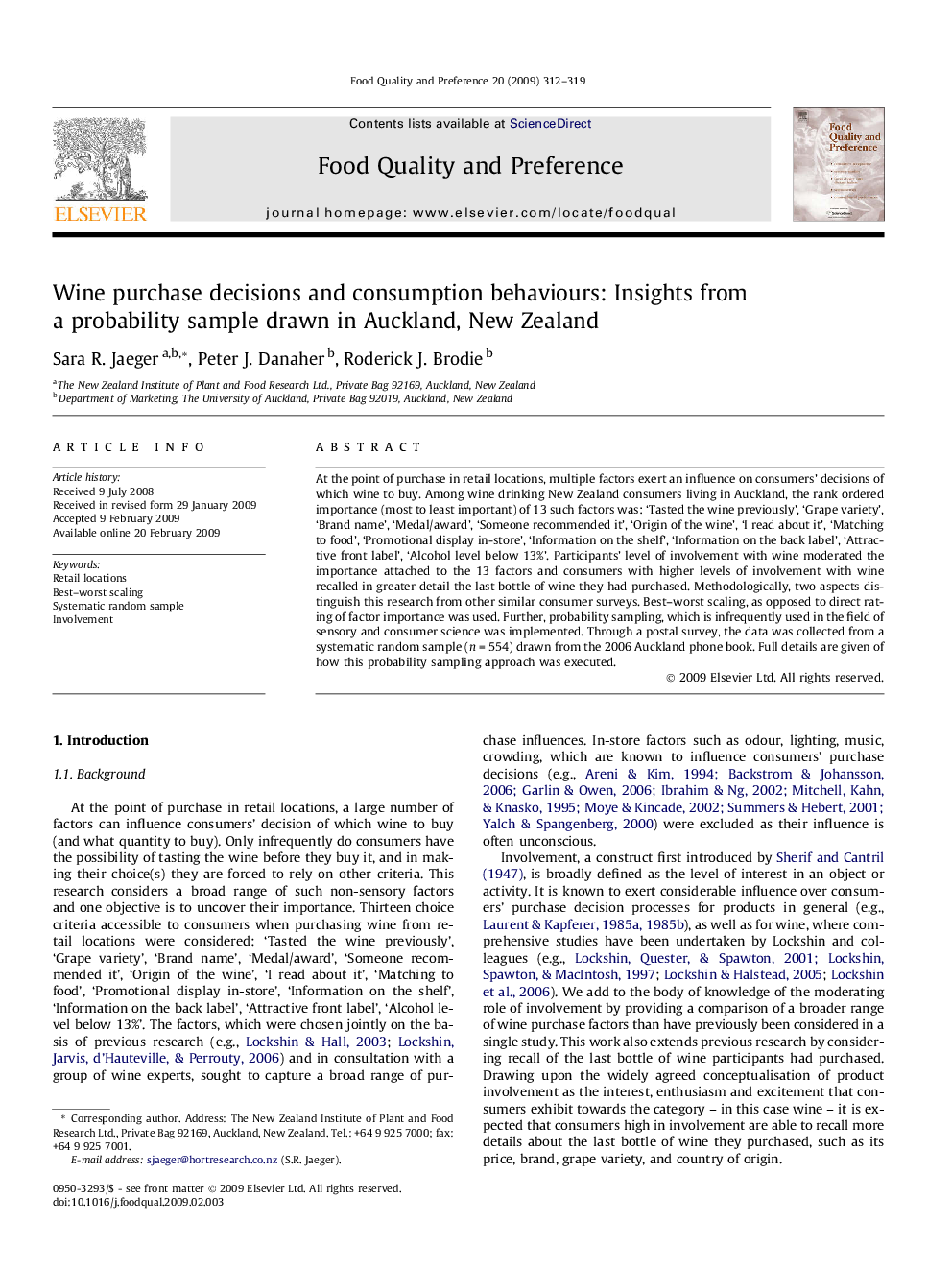 Wine purchase decisions and consumption behaviours: Insights from a probability sample drawn in Auckland, New Zealand