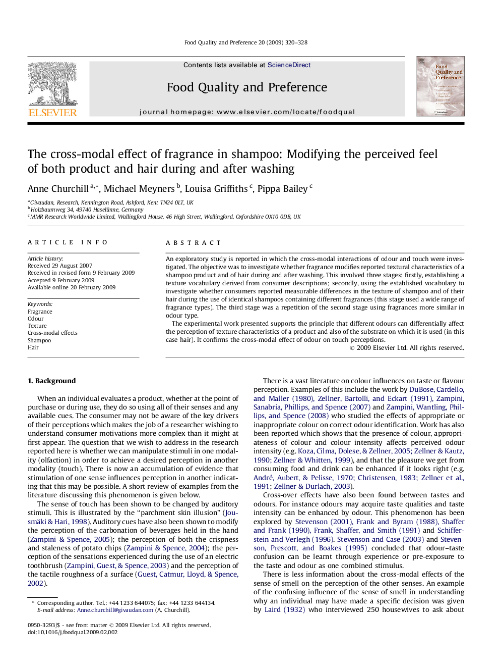 The cross-modal effect of fragrance in shampoo: Modifying the perceived feel of both product and hair during and after washing