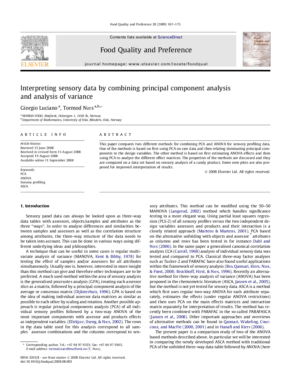 Interpreting sensory data by combining principal component analysis and analysis of variance