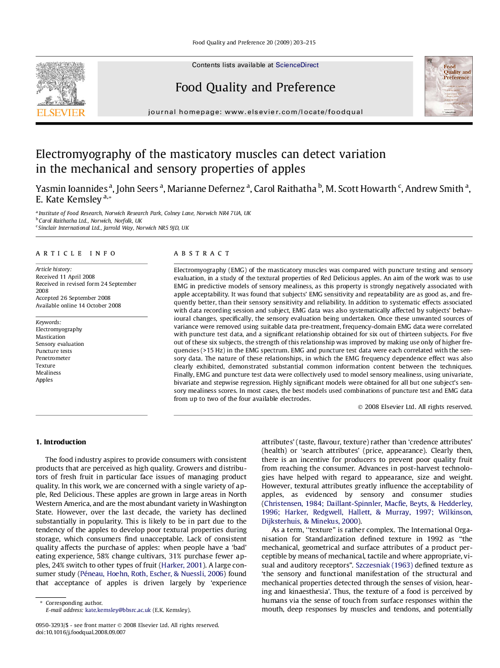 Electromyography of the masticatory muscles can detect variation in the mechanical and sensory properties of apples