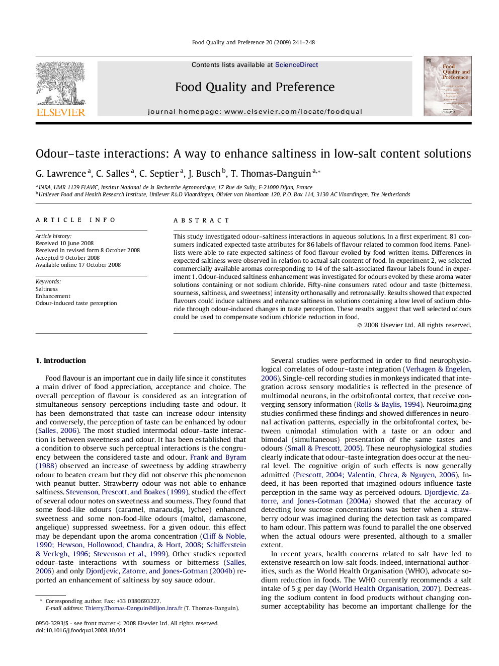 Odour–taste interactions: A way to enhance saltiness in low-salt content solutions