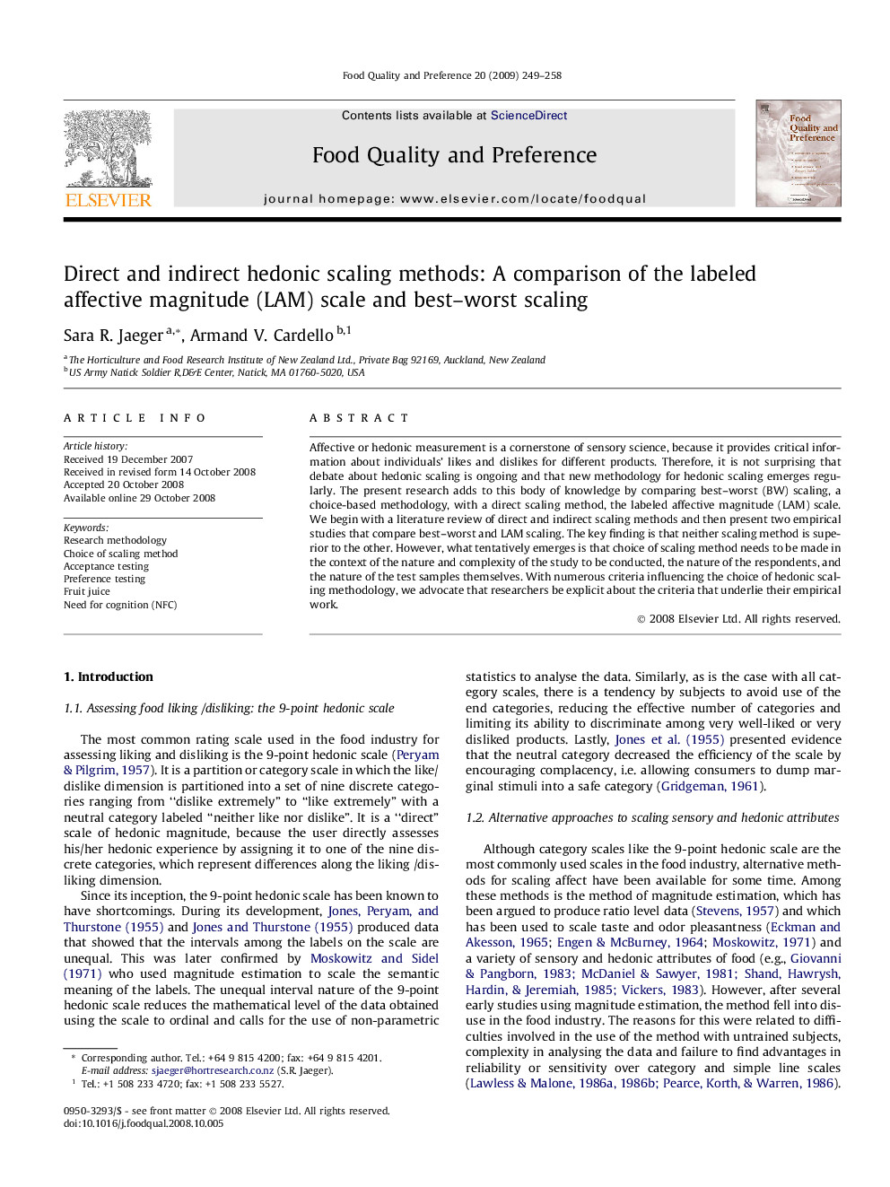 Direct and indirect hedonic scaling methods: A comparison of the labeled affective magnitude (LAM) scale and best–worst scaling