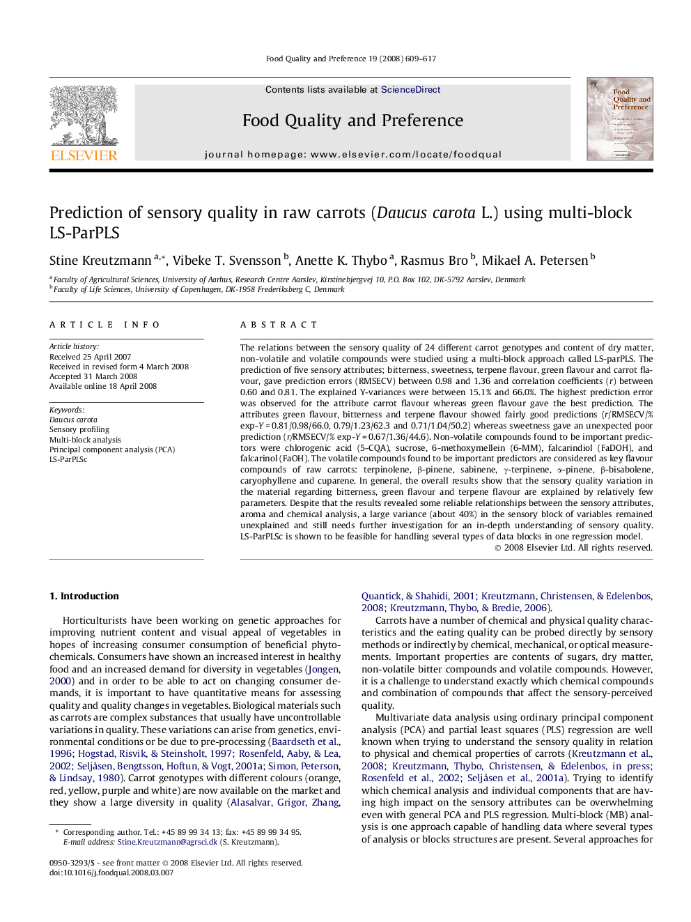 عکس صفحه اول مقاله: Prediction of sensory quality in raw carrots (Daucus carota L.) using multi-block LS-ParPLS Prediction of sensory quality in raw carrots (Daucus carota L.) using multi-block LS-ParPLS