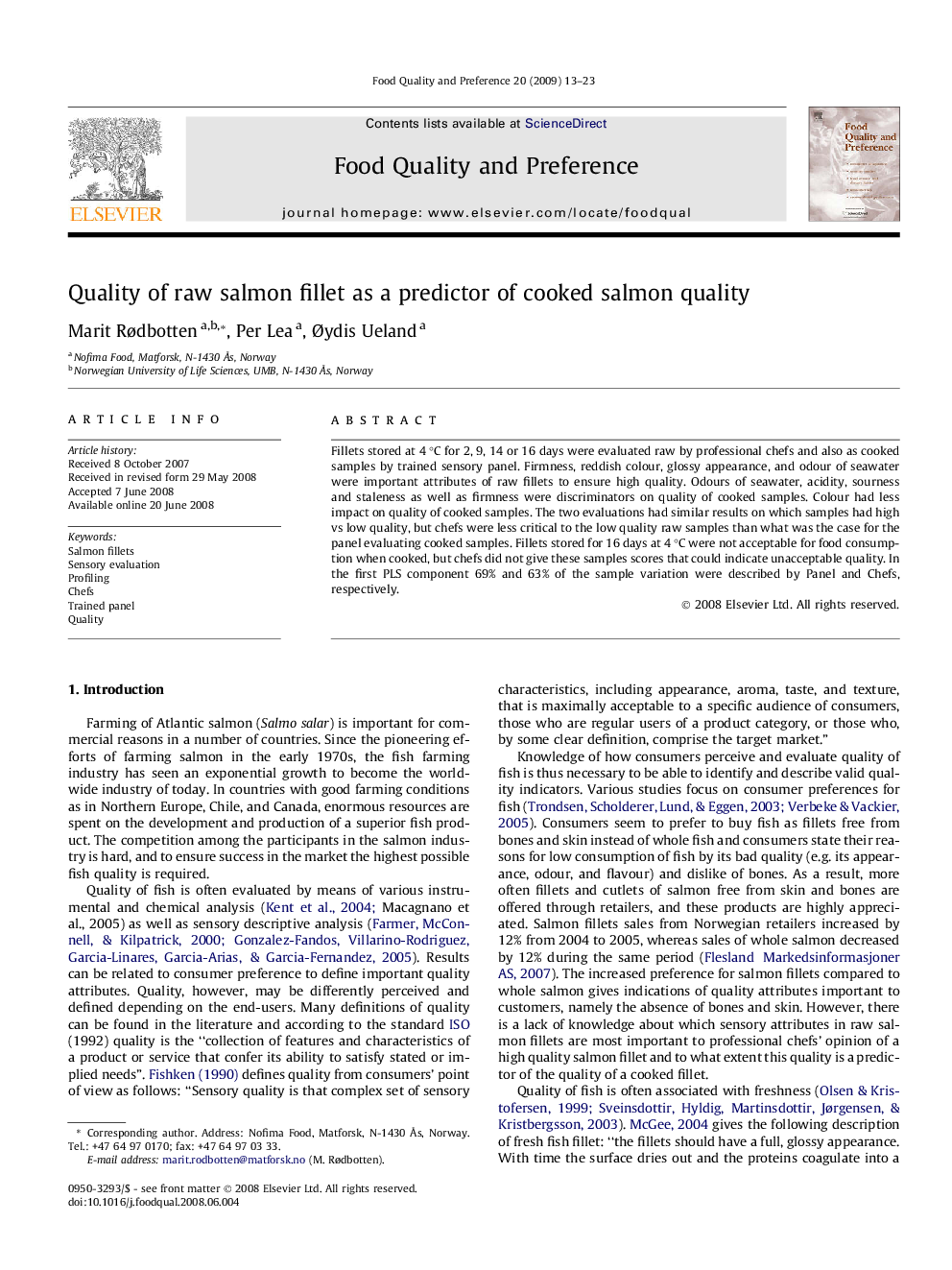 Quality of raw salmon fillet as a predictor of cooked salmon quality