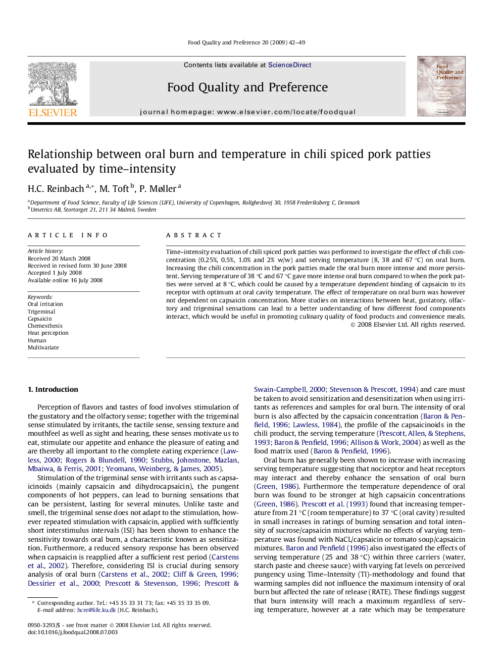 Relationship between oral burn and temperature in chili spiced pork patties evaluated by time–intensity