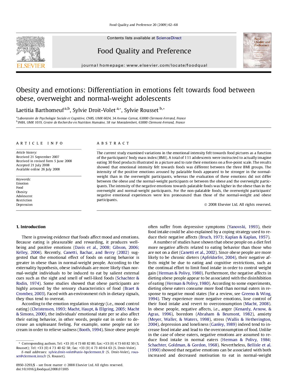 Obesity and emotions: Differentiation in emotions felt towards food between obese, overweight and normal-weight adolescents