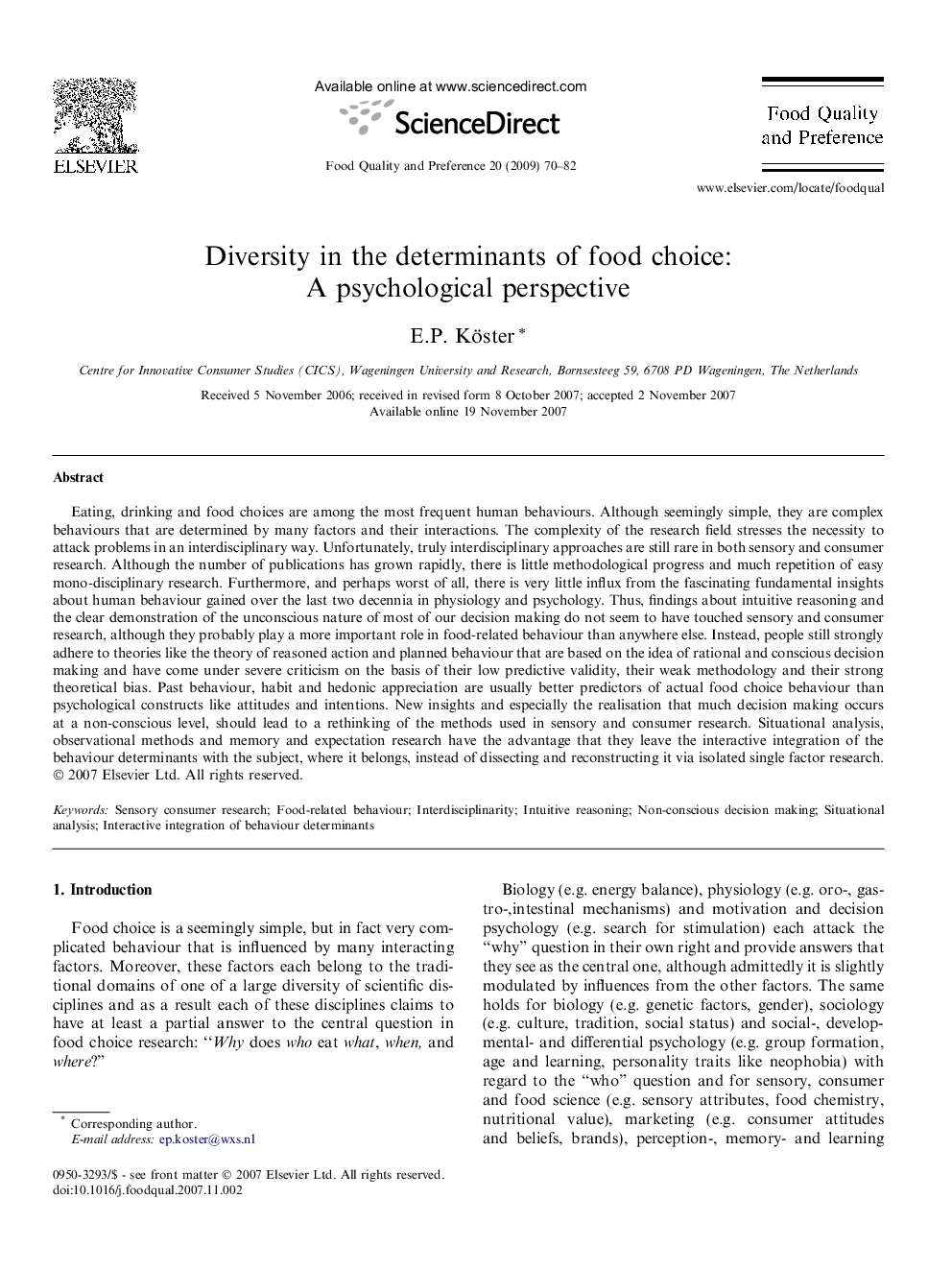 Diversity in the determinants of food choice: A psychological perspective