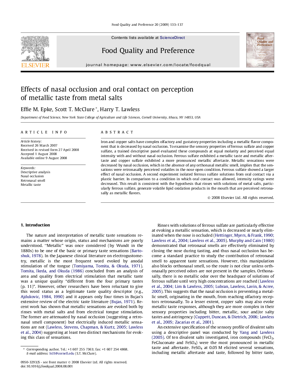 Effects of nasal occlusion and oral contact on perception of metallic taste from metal salts