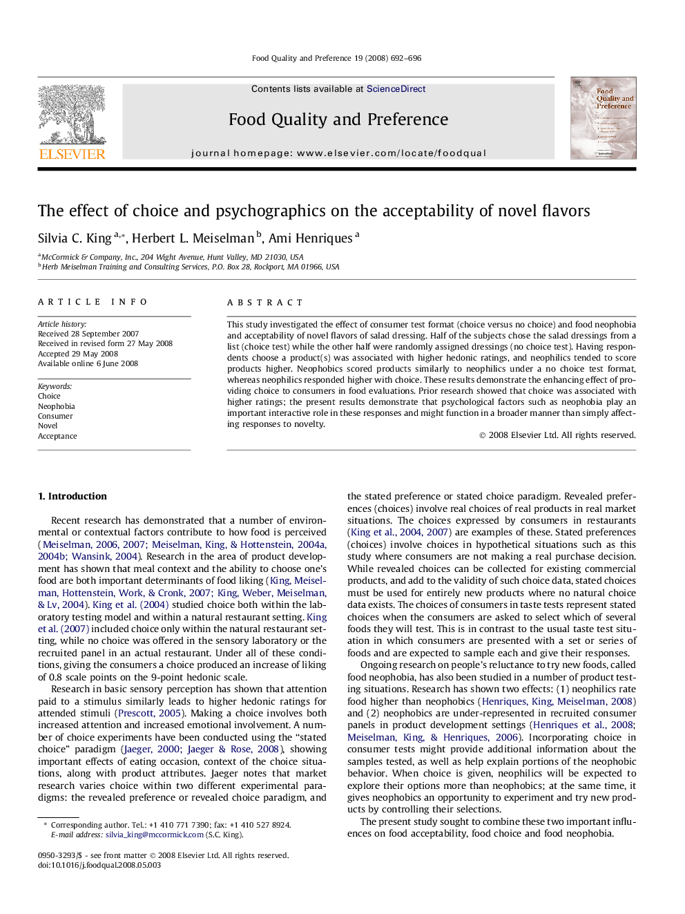 The effect of choice and psychographics on the acceptability of novel flavors