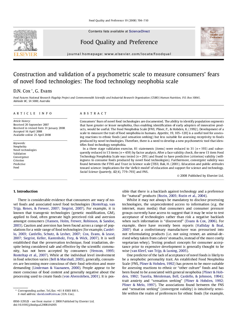 Construction and validation of a psychometric scale to measure consumers’ fears of novel food technologies: The food technology neophobia scale